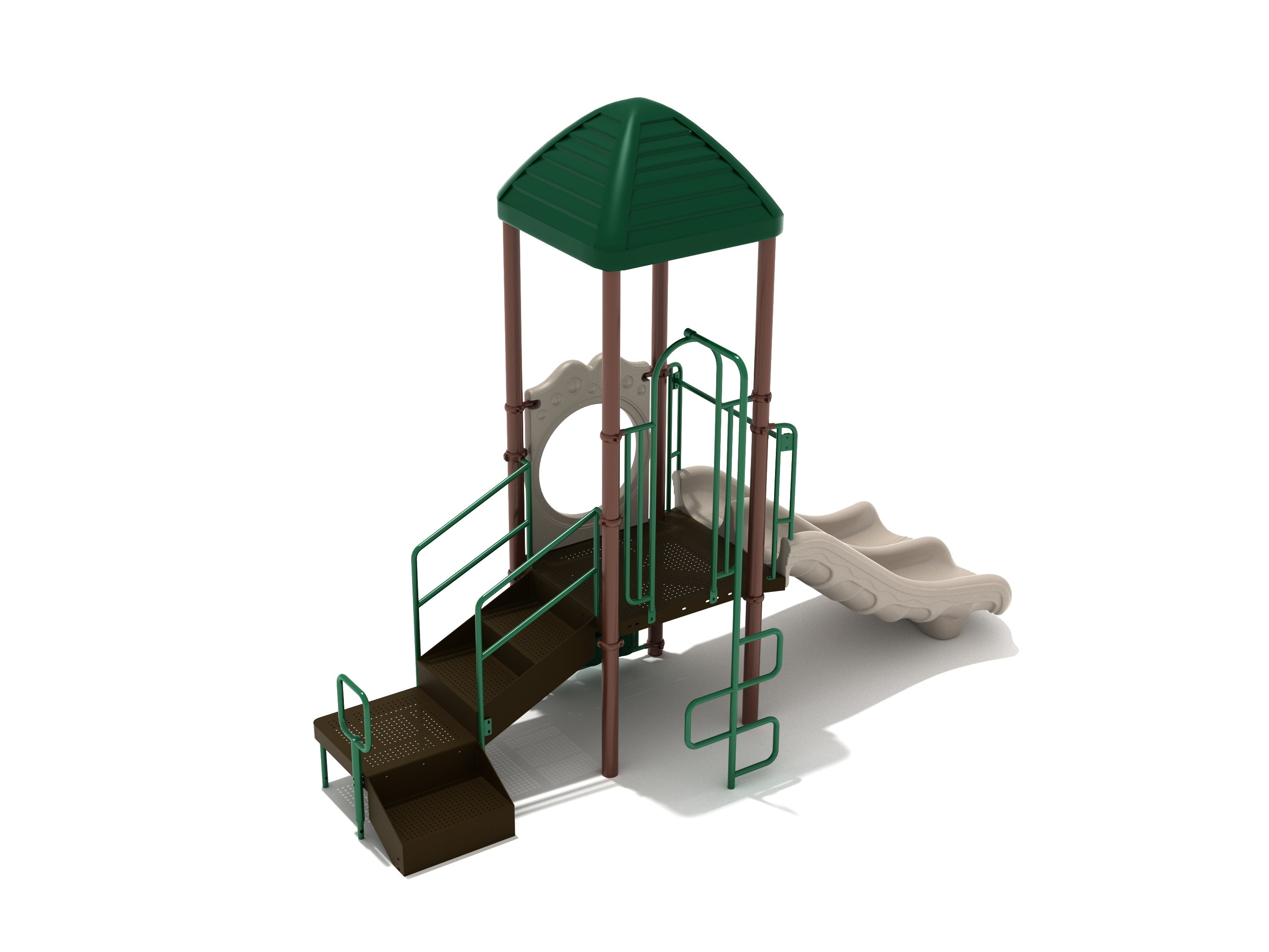 Compact commercial playground with canopy roof, double wave slide, accessible transfer steps, and snake climber.