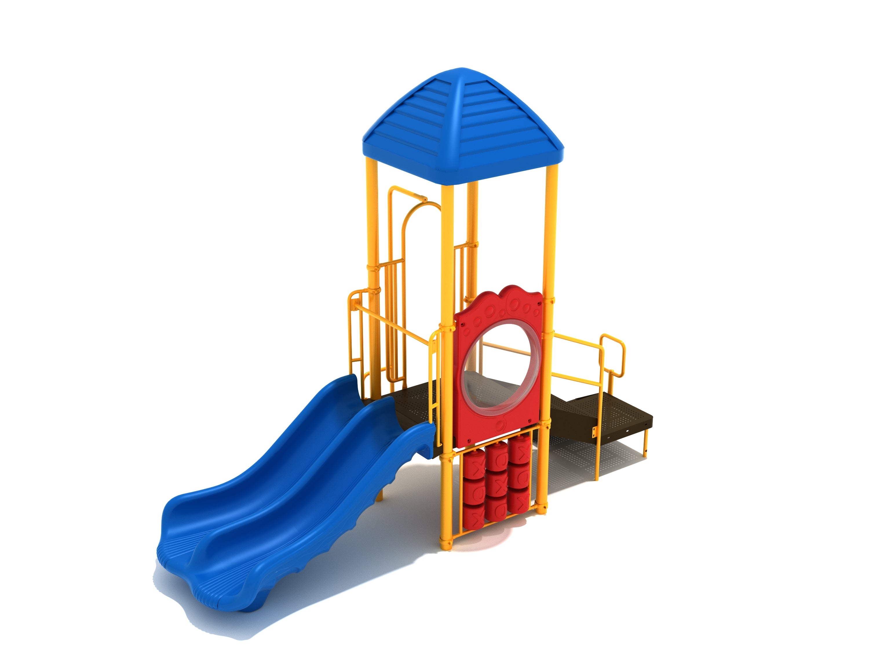 Compact playground structure with blue double slide, roofed deck, accessible transfer station, red tic-tac-toe panel