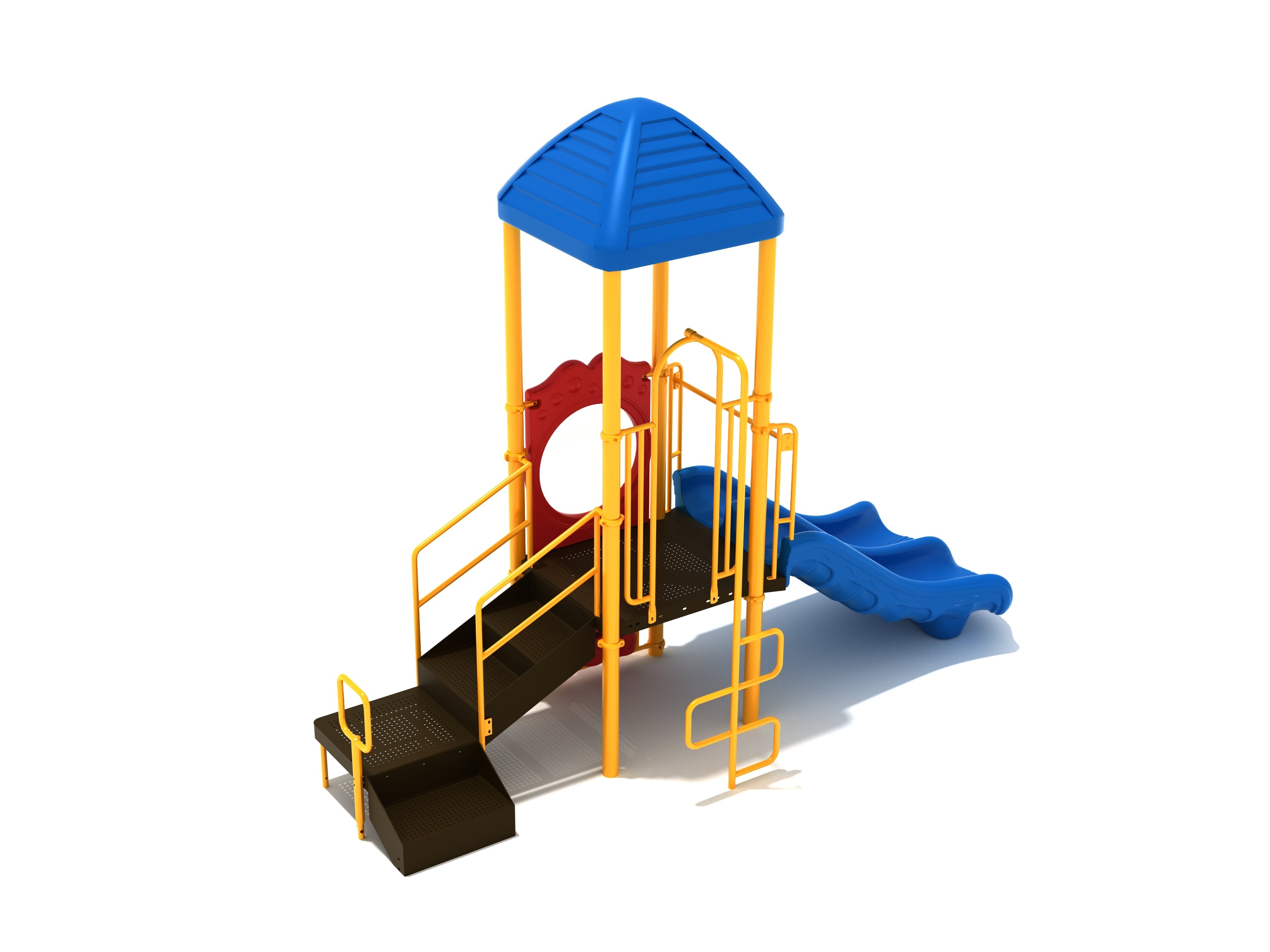 Compact playground playset with blue double slide, roofed platform, transfer stairs, red panel, and snake climber