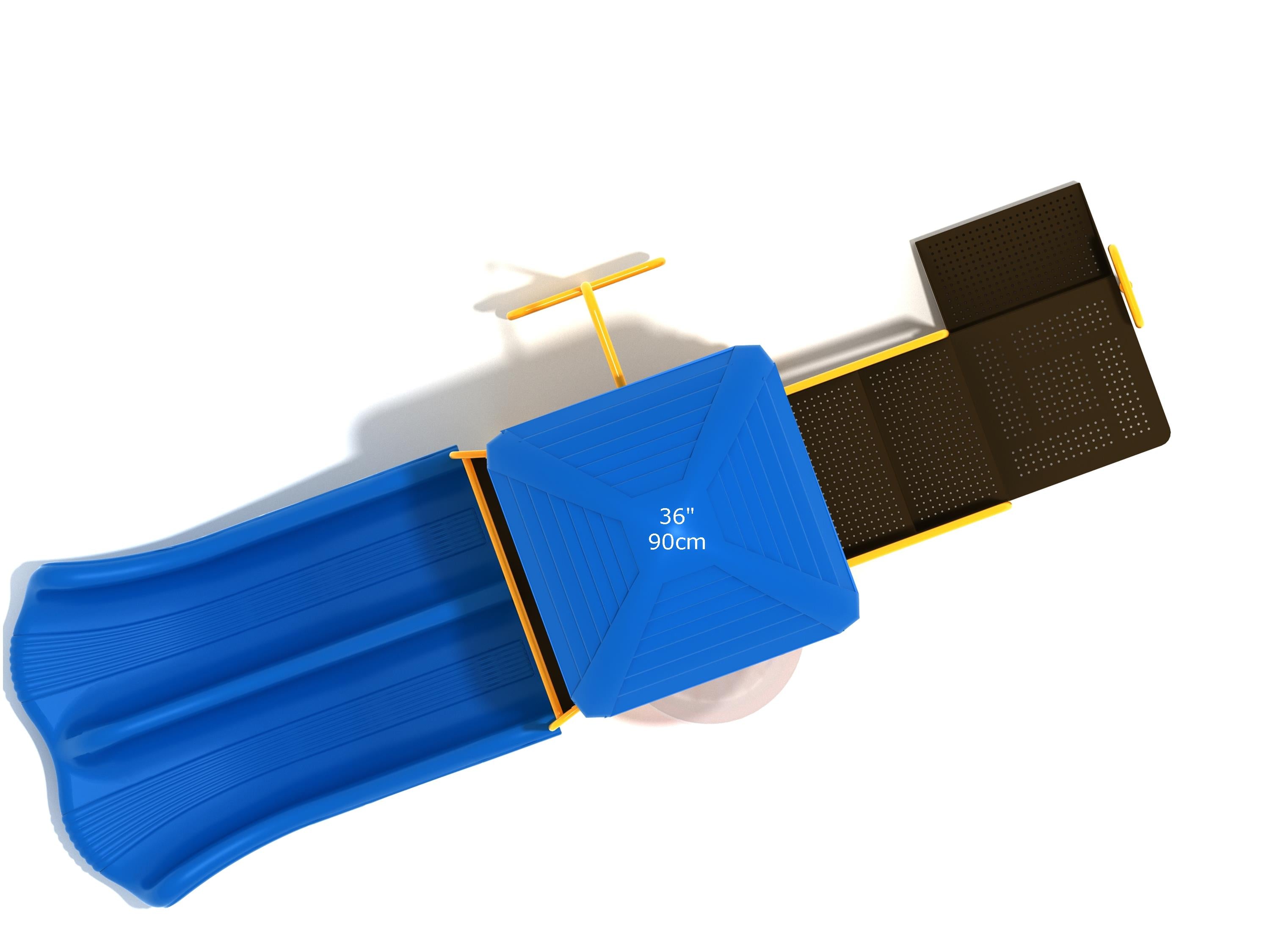 Overhead view of compact playground with blue double slide, roof canopy, transfer station, height label