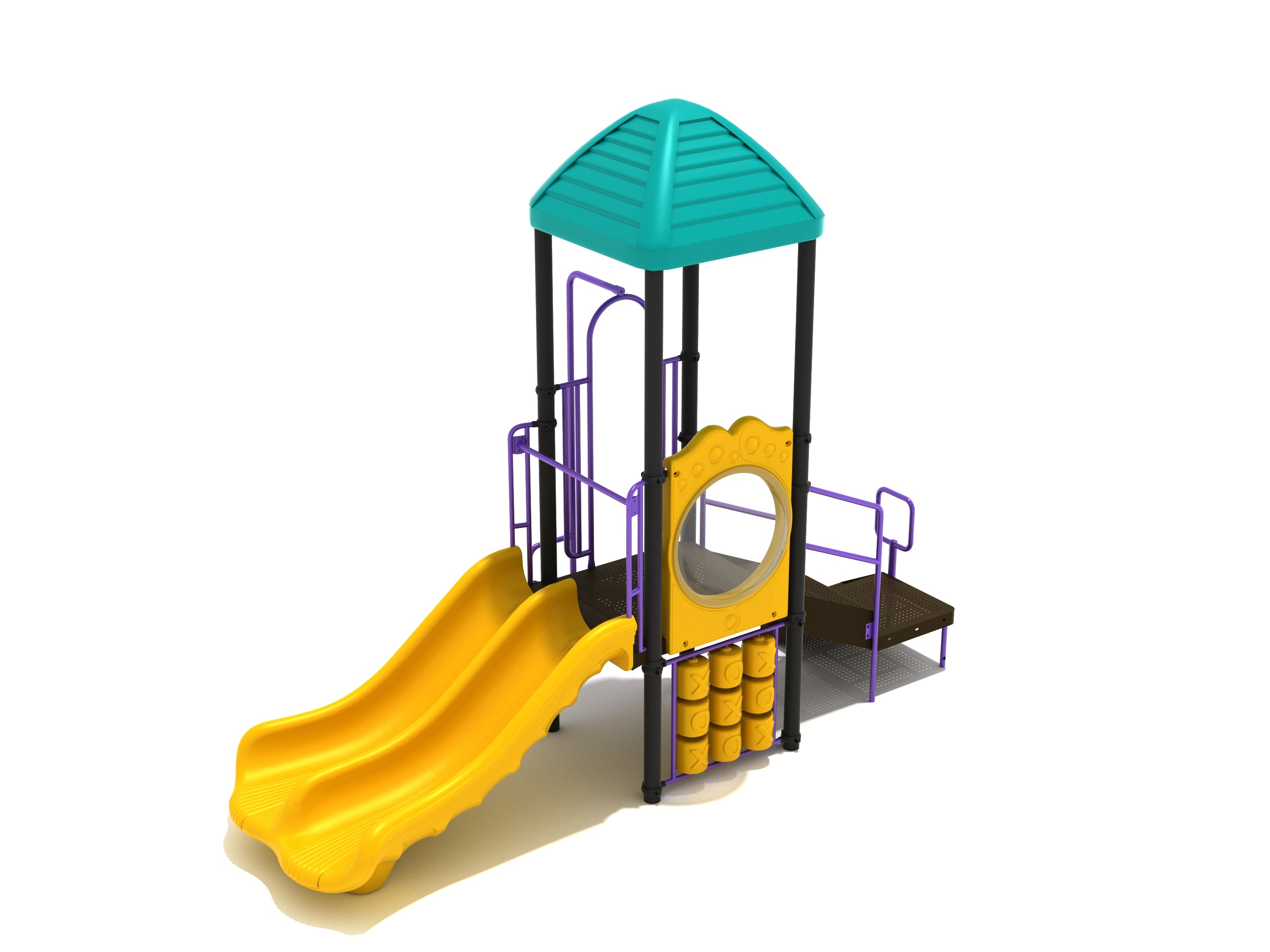 Compact accessible play structure with teal roof, double yellow slide, transfer station, and ground-level tic-tac-toe panel.