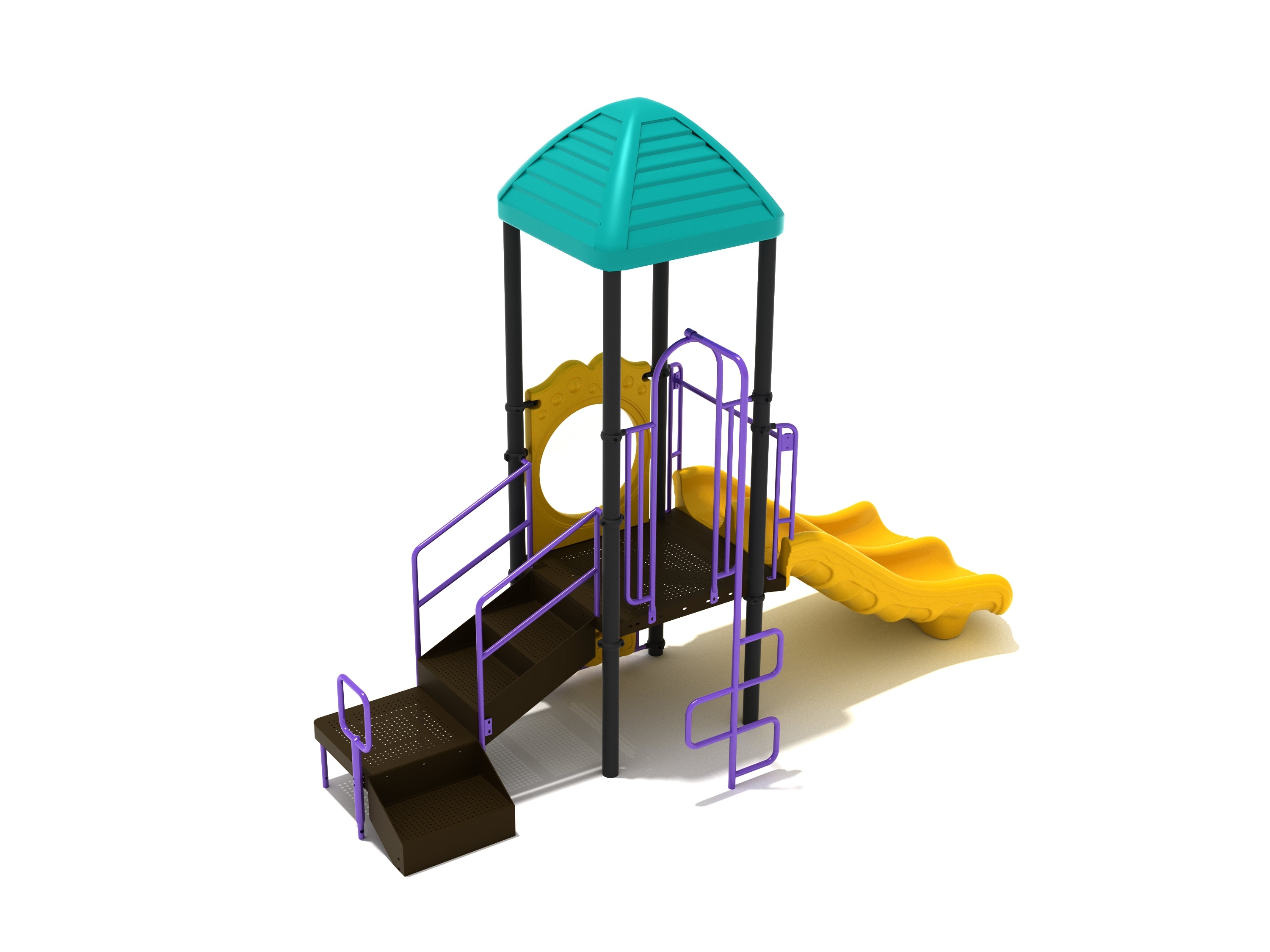 Accessible playground structure with teal roof, double yellow wave slide, transfer platform steps, and purple snake climber