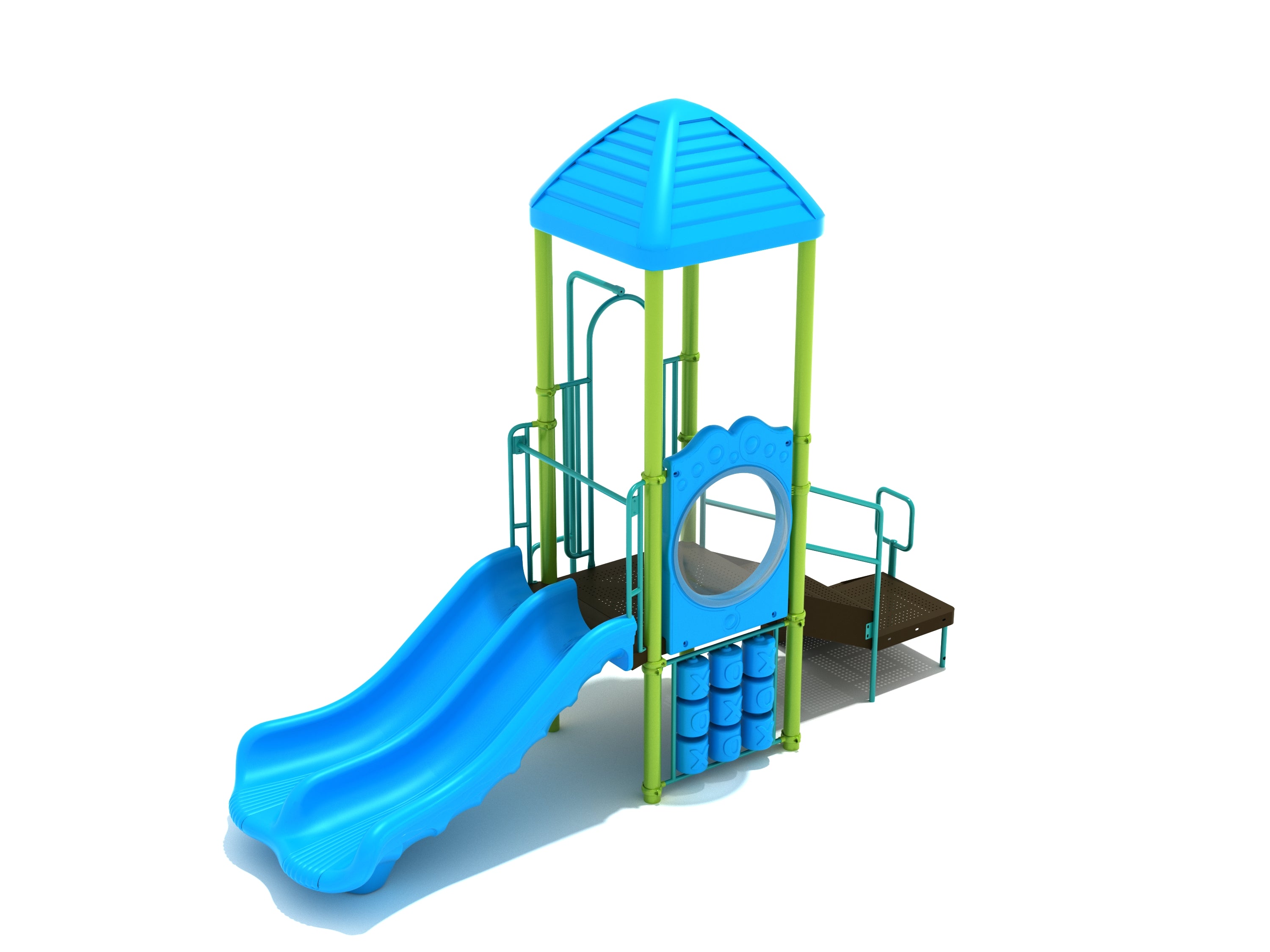 Compact blue-green playground with double slide, roofed deck, accessible transfer station, and tic-tac-toe panel