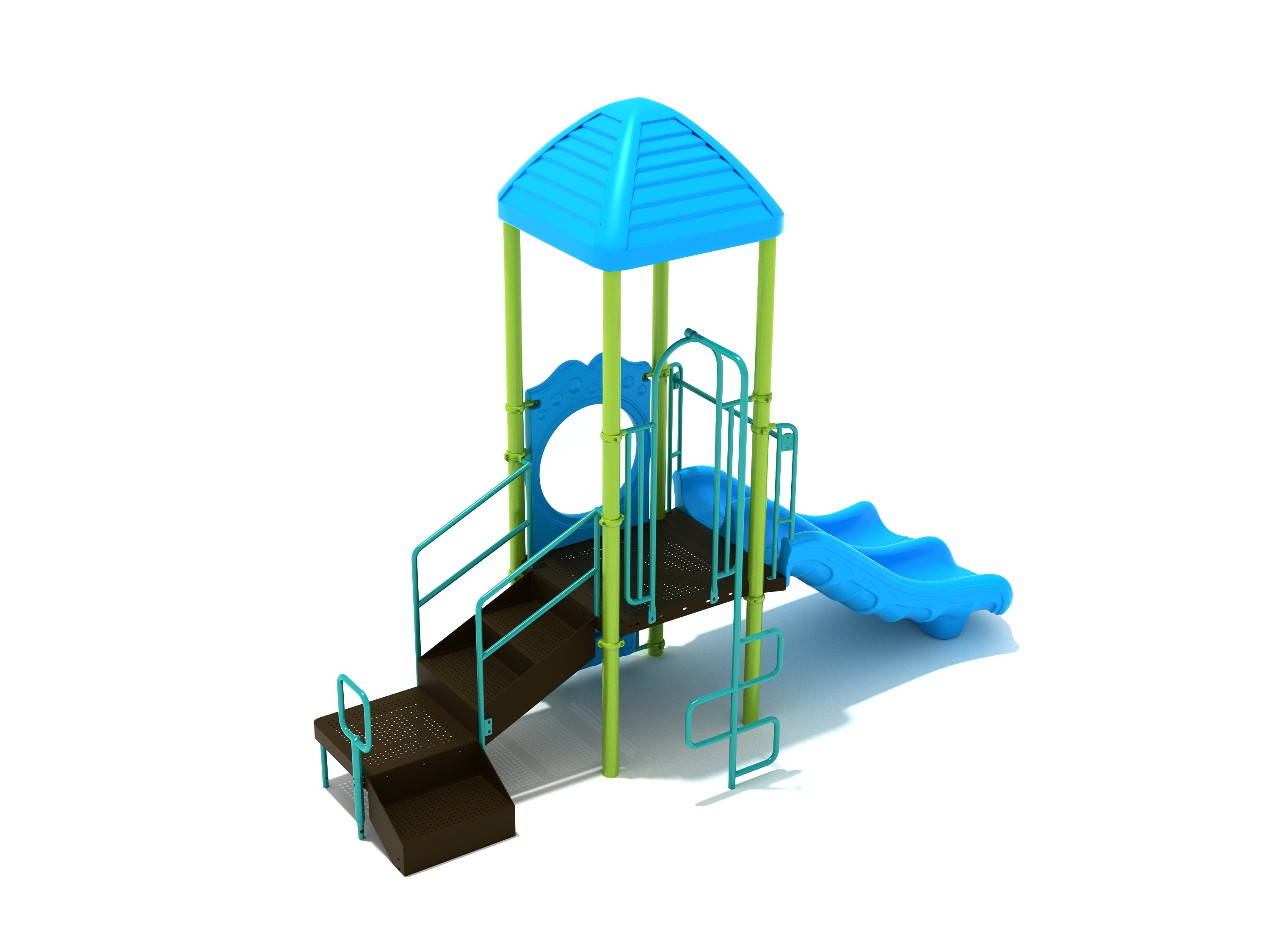 Compact commercial playground with blue double wave slide, transfer station, ladder climber, shade canopy on white.