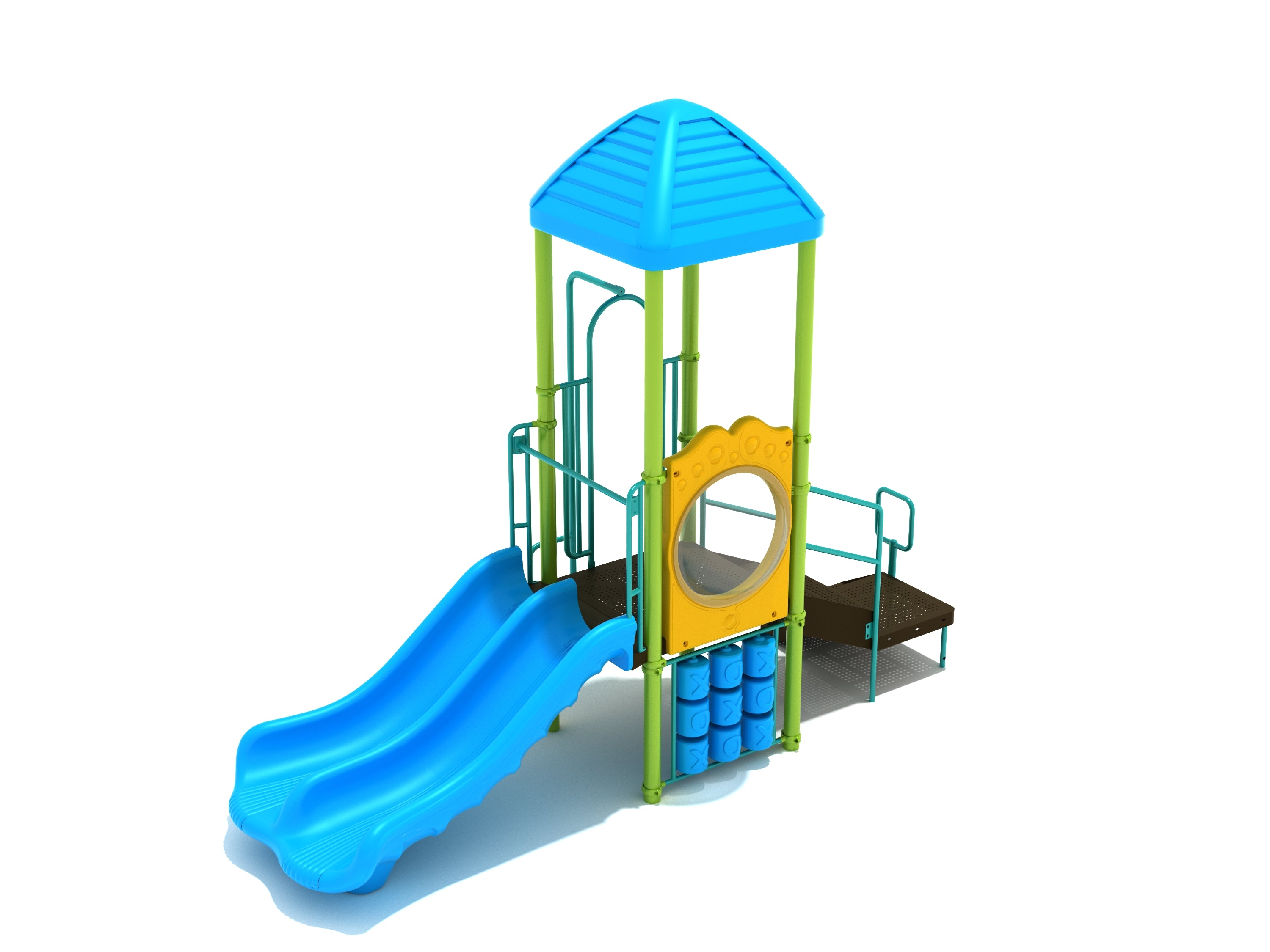 Compact play structure with blue double slide, canopy roof, accessible transfer station, and ground-level tic-tac-toe panel.