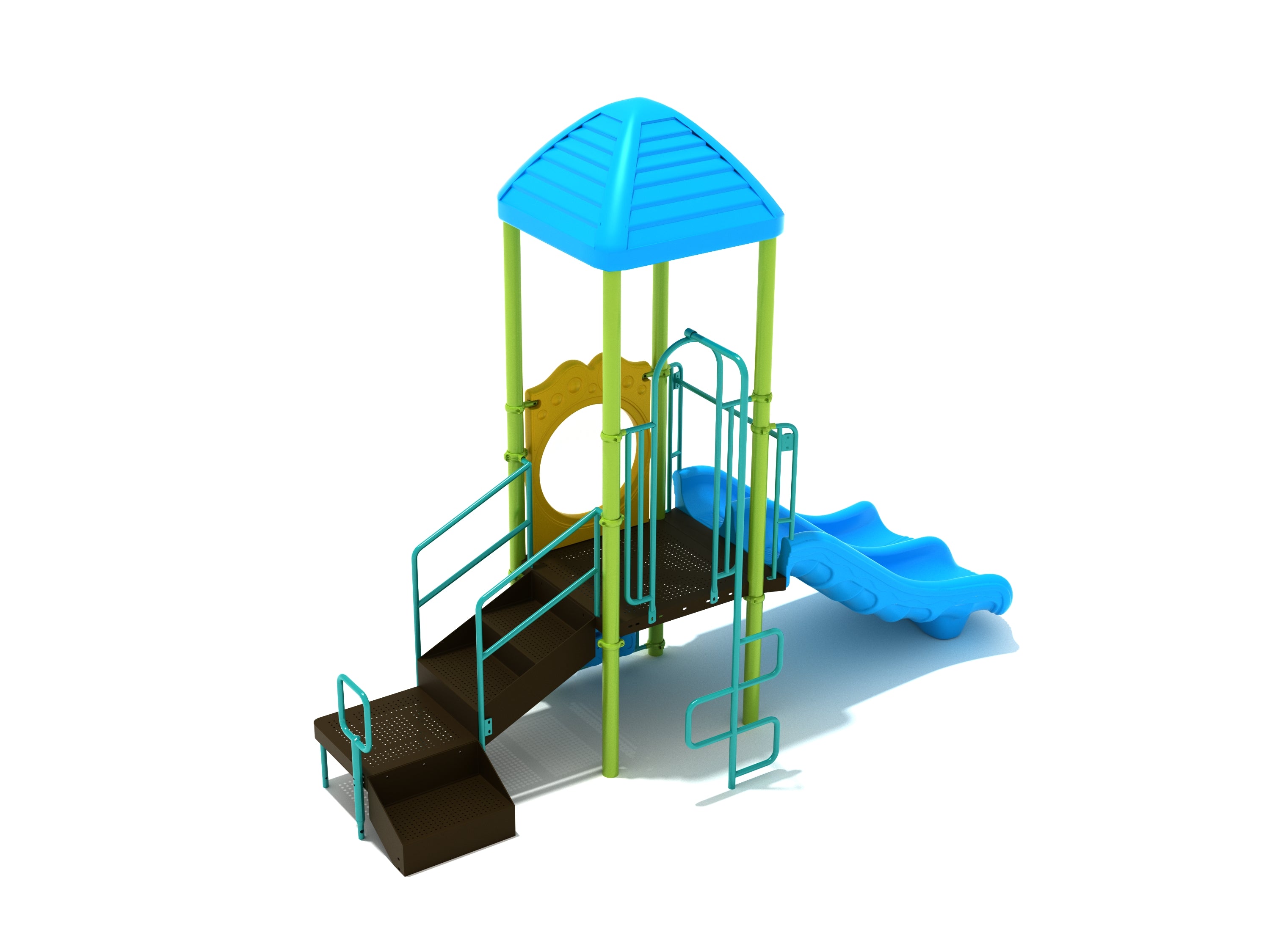Compact playground equipment with blue double wave slide, accessible ramp, curved rung climber, and roof for small spaces.