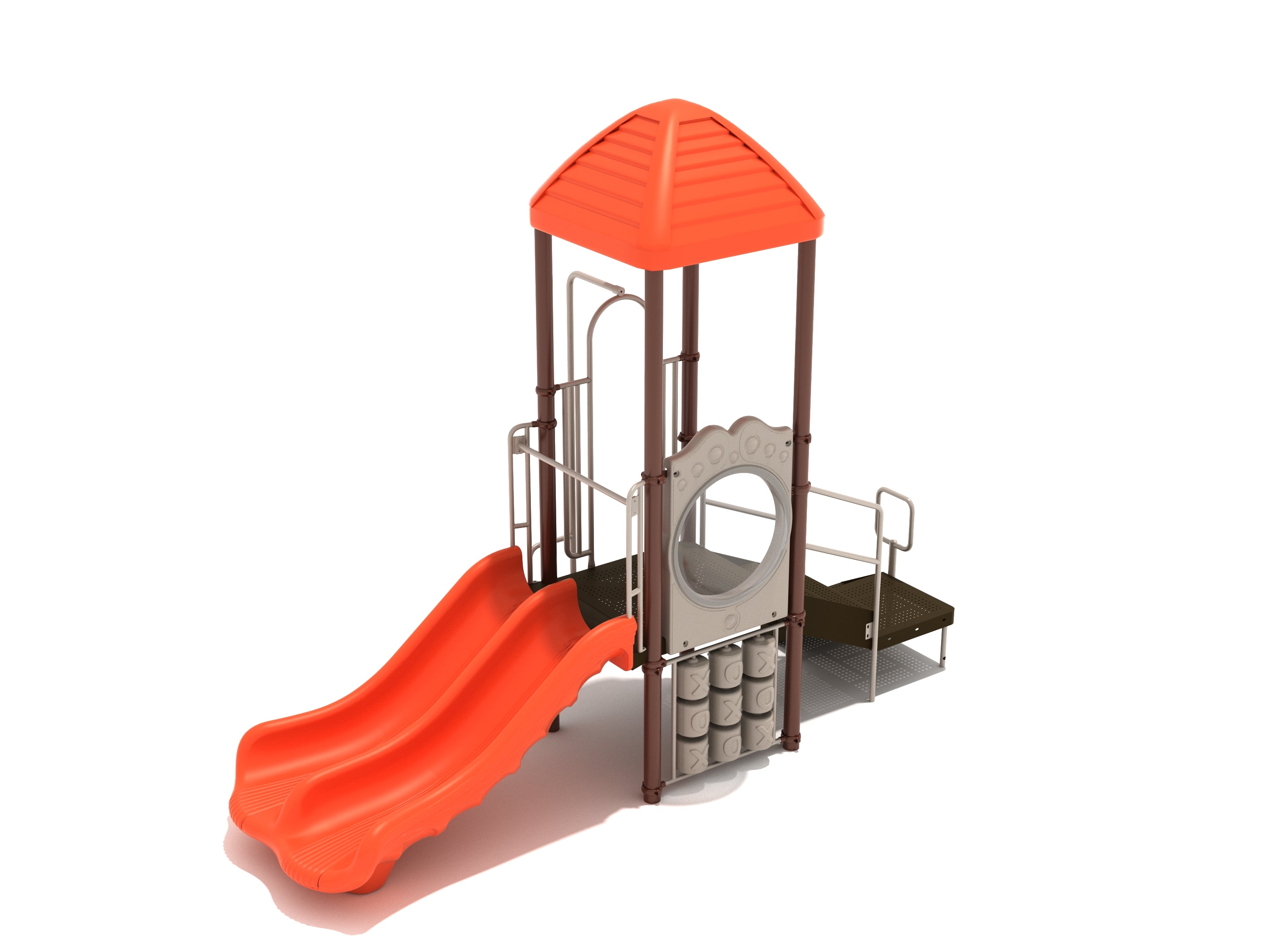 Compact playground with canopy roof, double slide, accessible transfer station, tic‑tac‑toe panel, rung climber