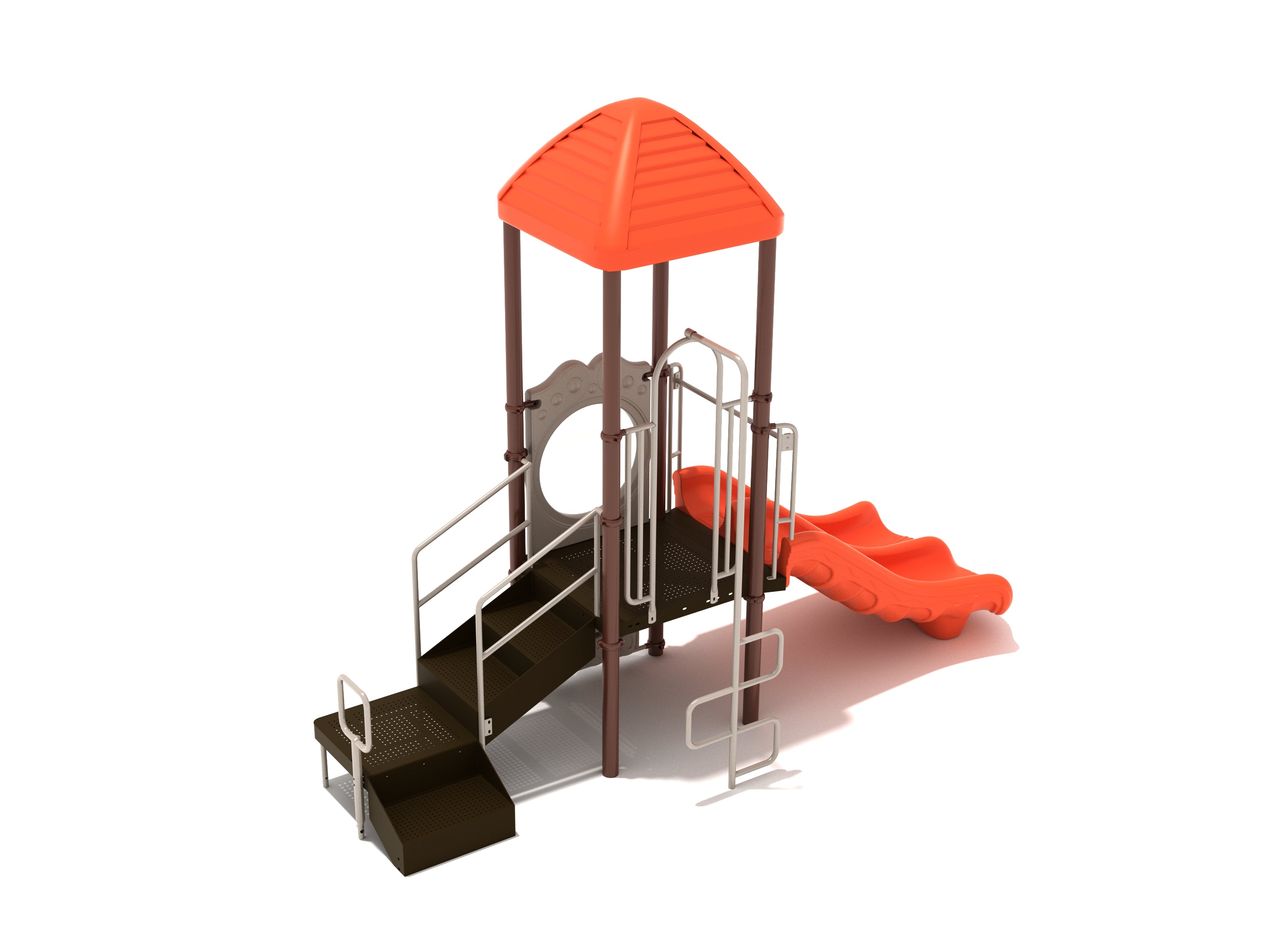 Compact play structure with orange canopy, double slide, accessible transfer station, and side snake climber.