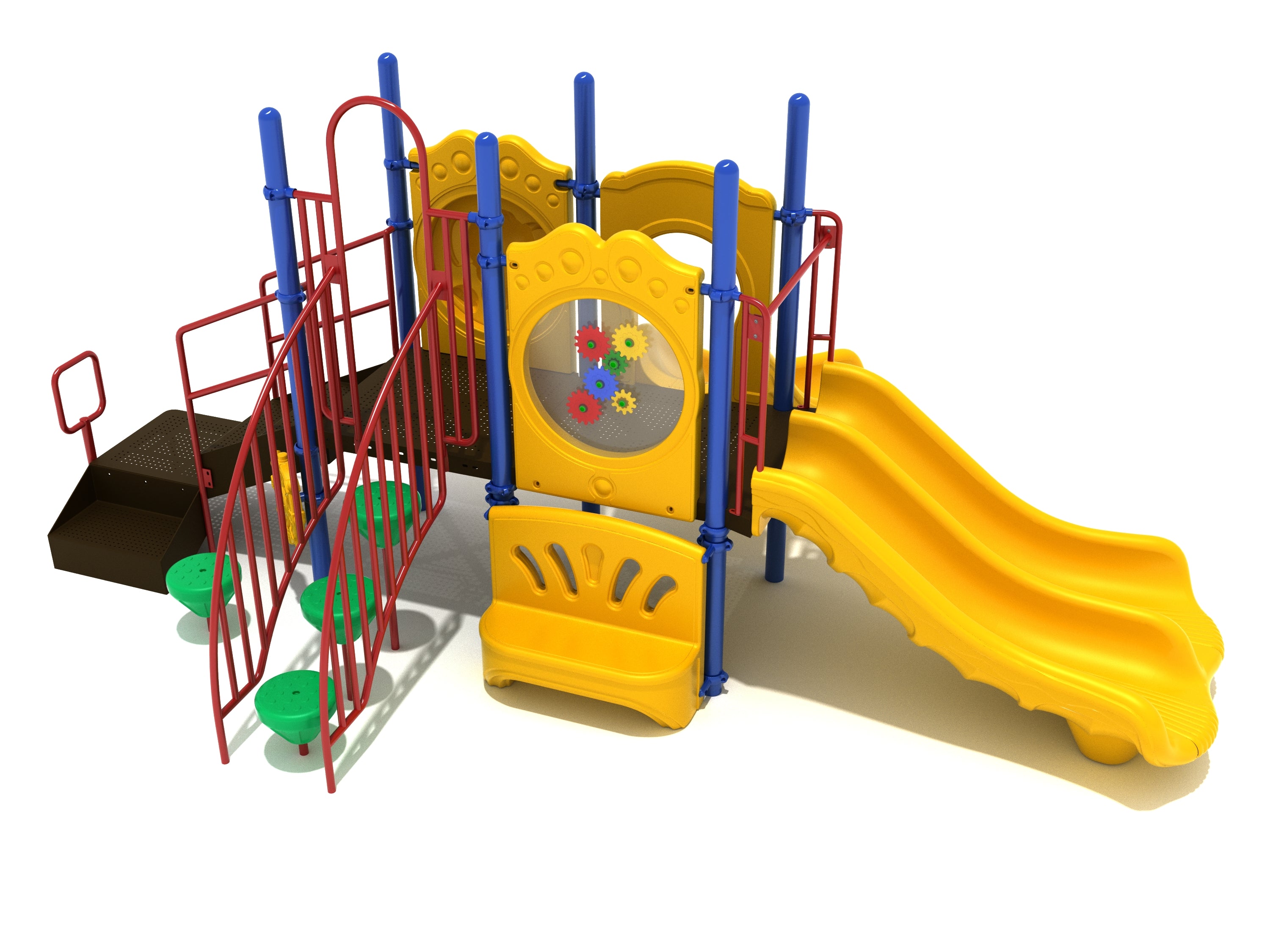 Colorful children's playground structure with yellow slides, red climbing bars, blue posts, gear panel, and ship’s wheel