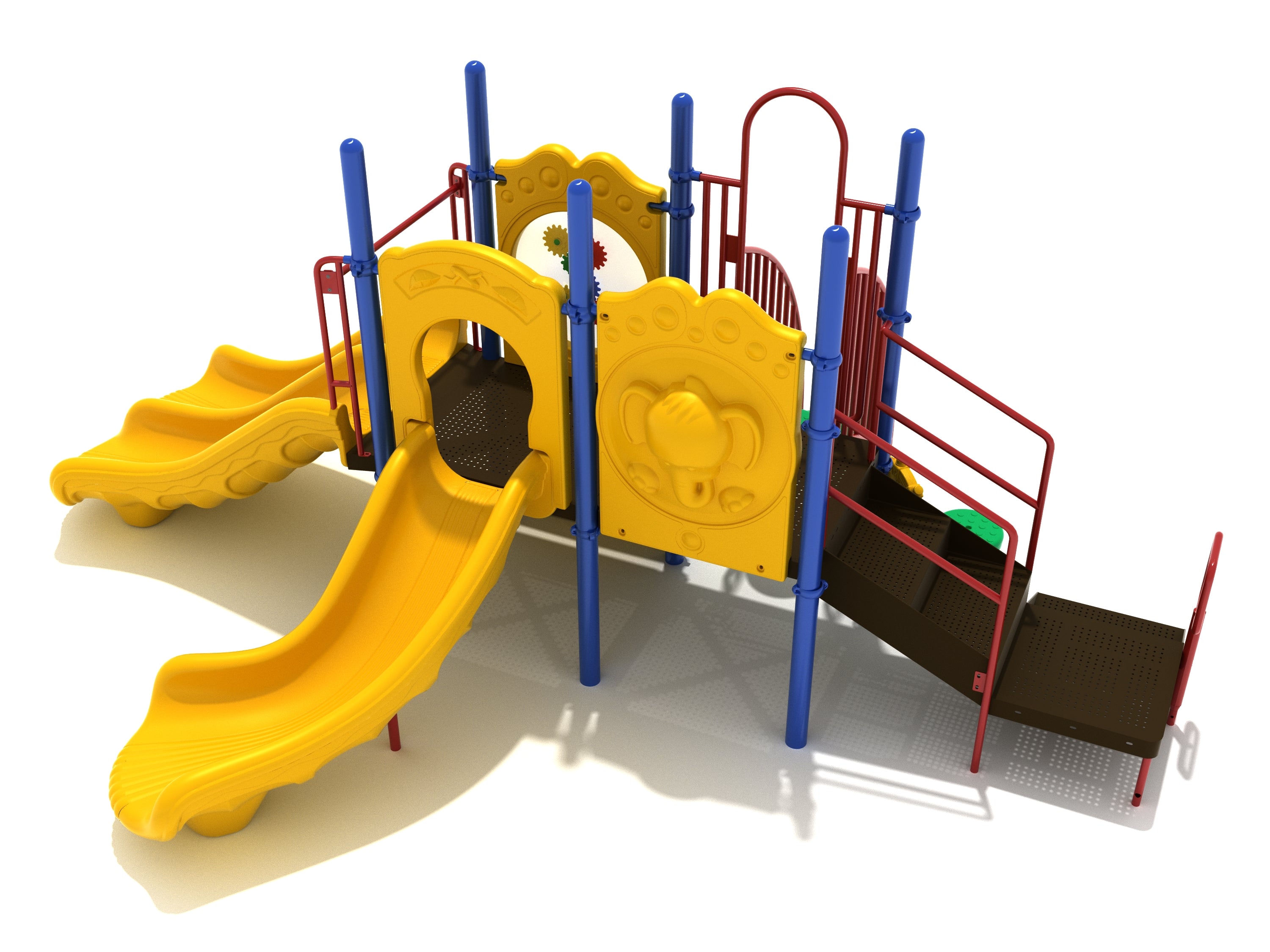 Colorful children's playground structure with yellow slides, red railings, blue support posts, gear panel, pebble climber, and ship’s wheel