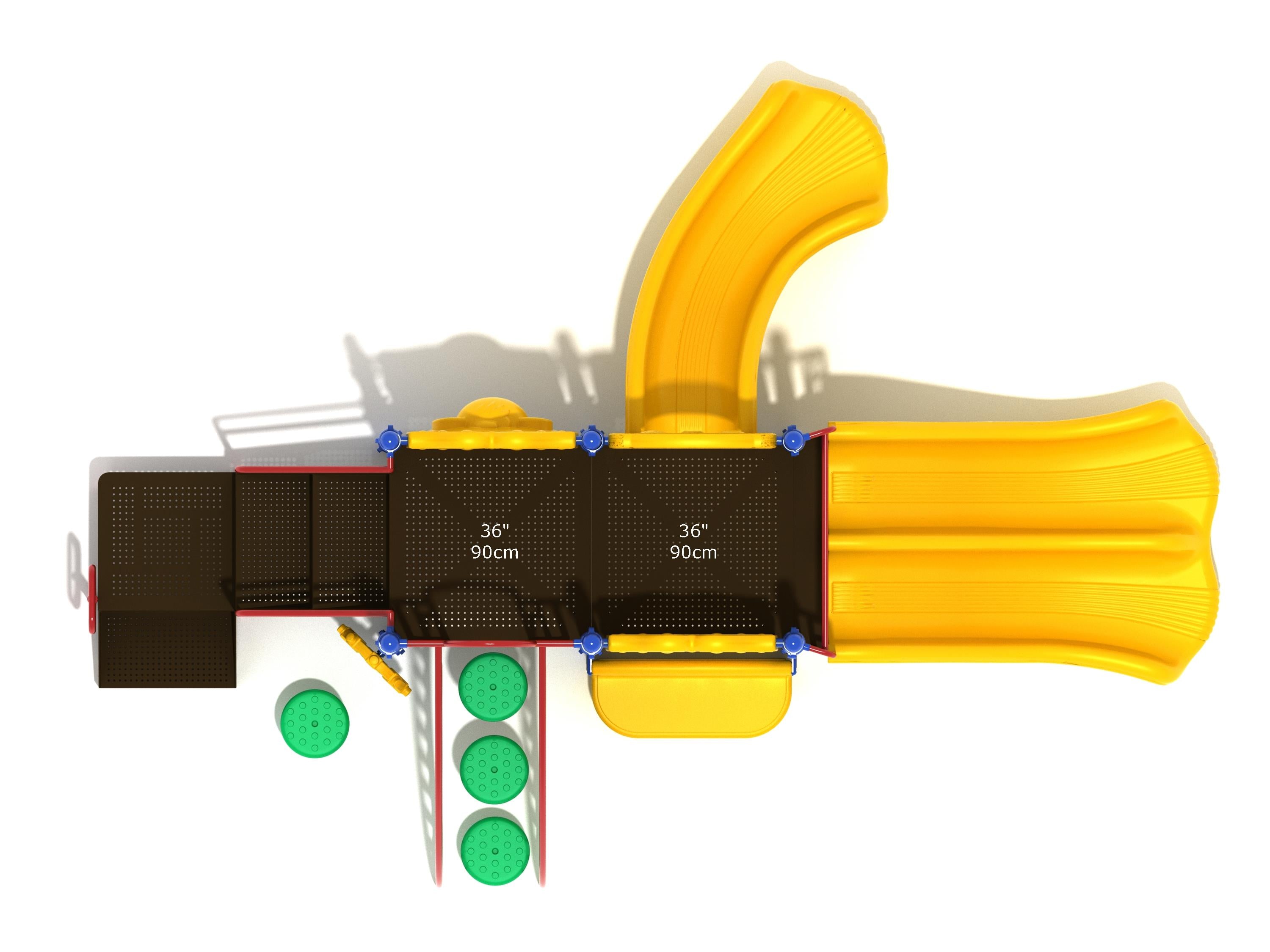 Overhead view of colorful children's playground with yellow slides, green stepping pods, brown platforms, and play panels