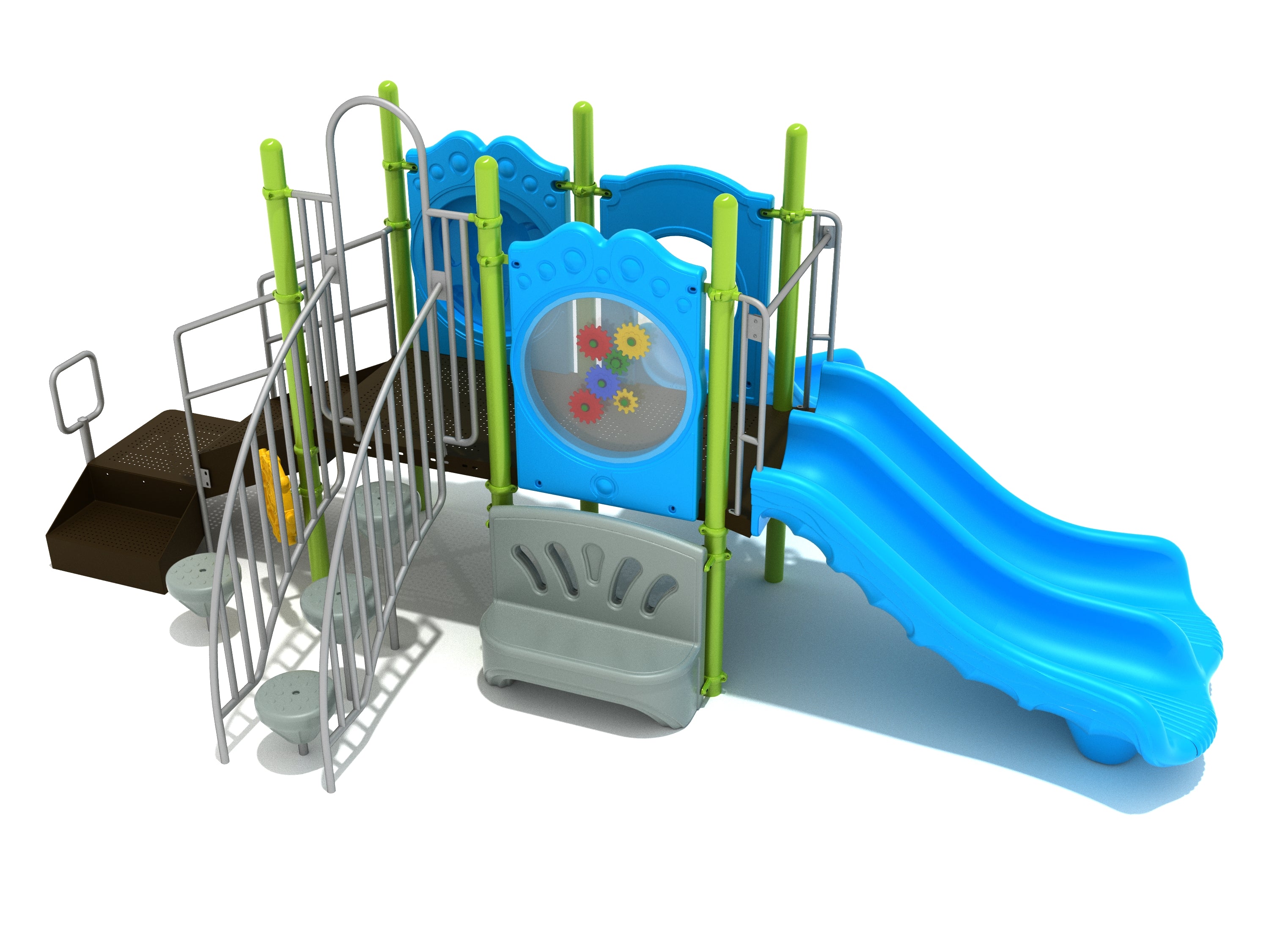 Compact children's playground structure with blue double slides, climbing elements, gear panel, ship’s wheel, and bench panel.