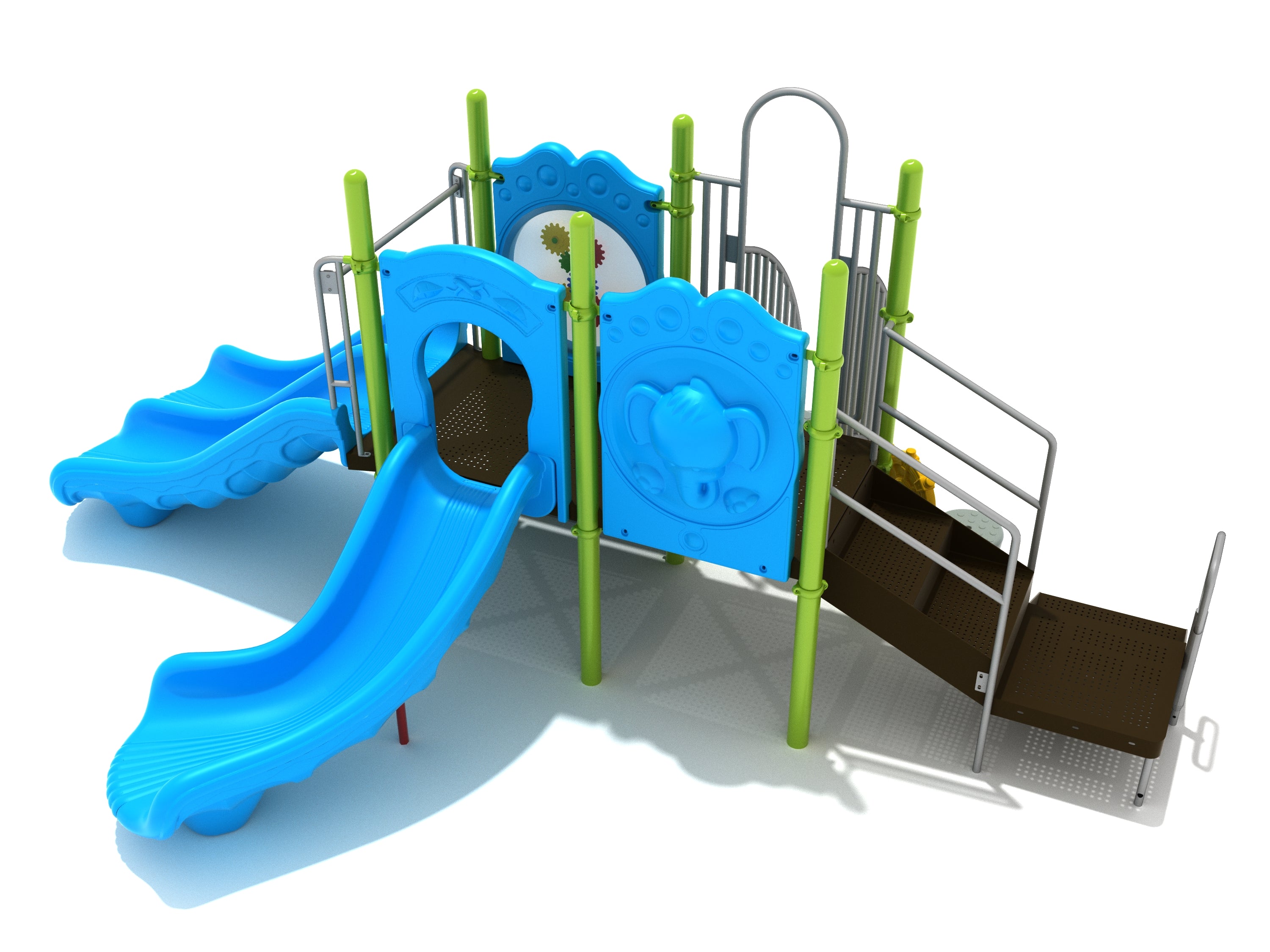 Compact children's playground with blue slides, green support poles, brown stairs, interactive gear and bench panels, and a pebble climber
