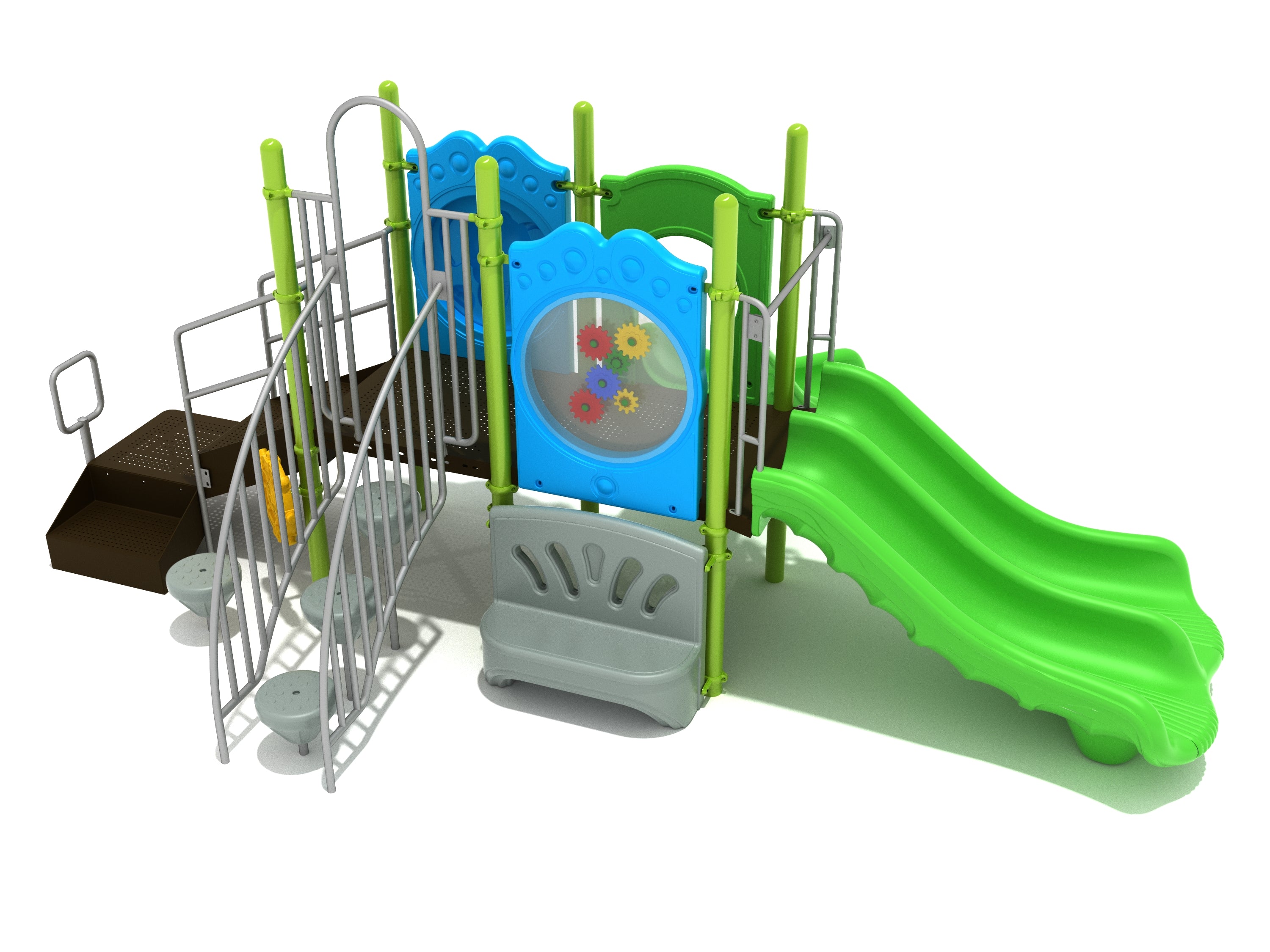 Colorful children's playground structure with green double slide, climbing elements, gear panel, ship’s wheel, and bench panel.