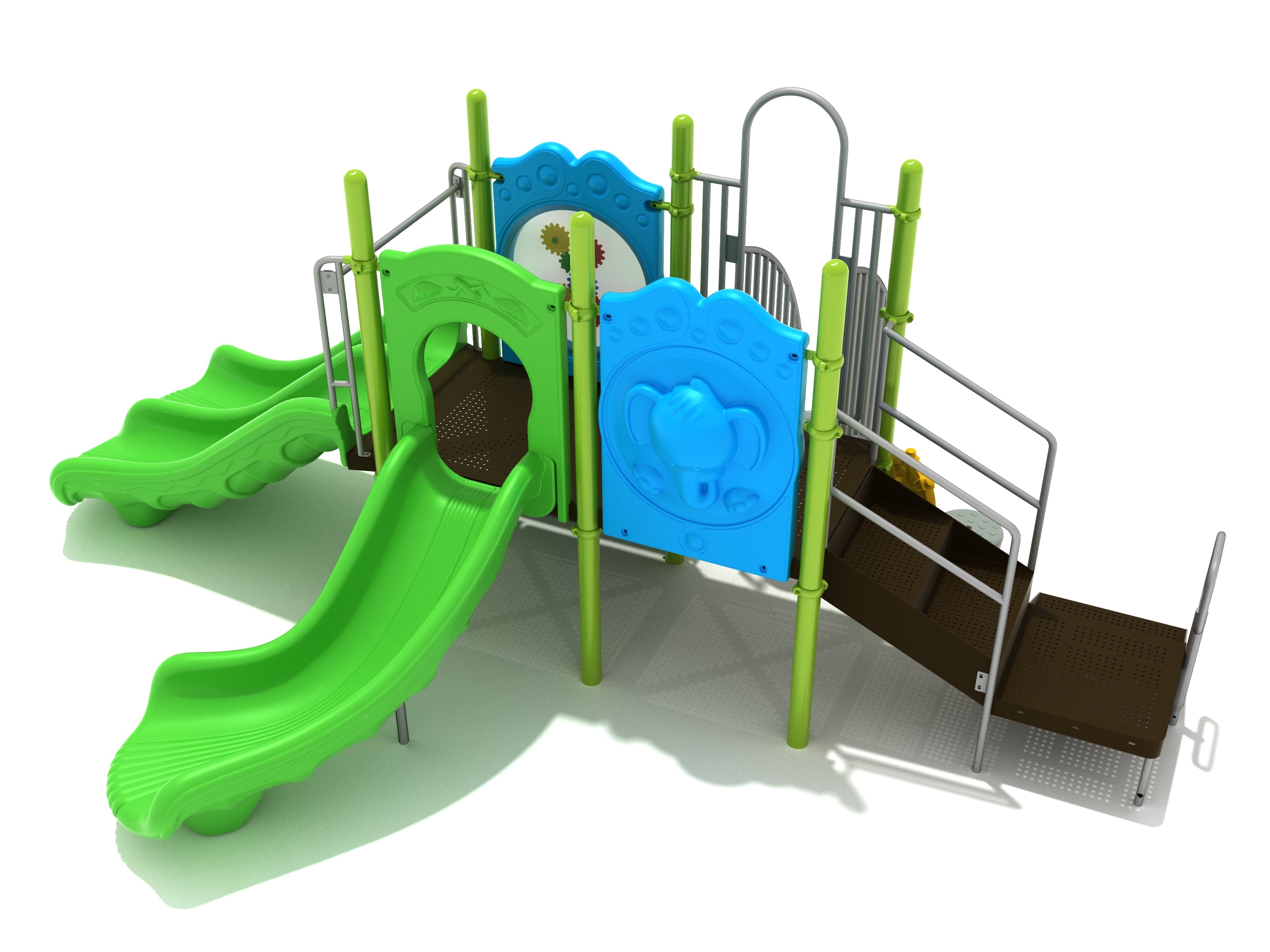Colorful children's playground structure with green slides, blue activity panels, brown climbing ramp, and interactive gear panel