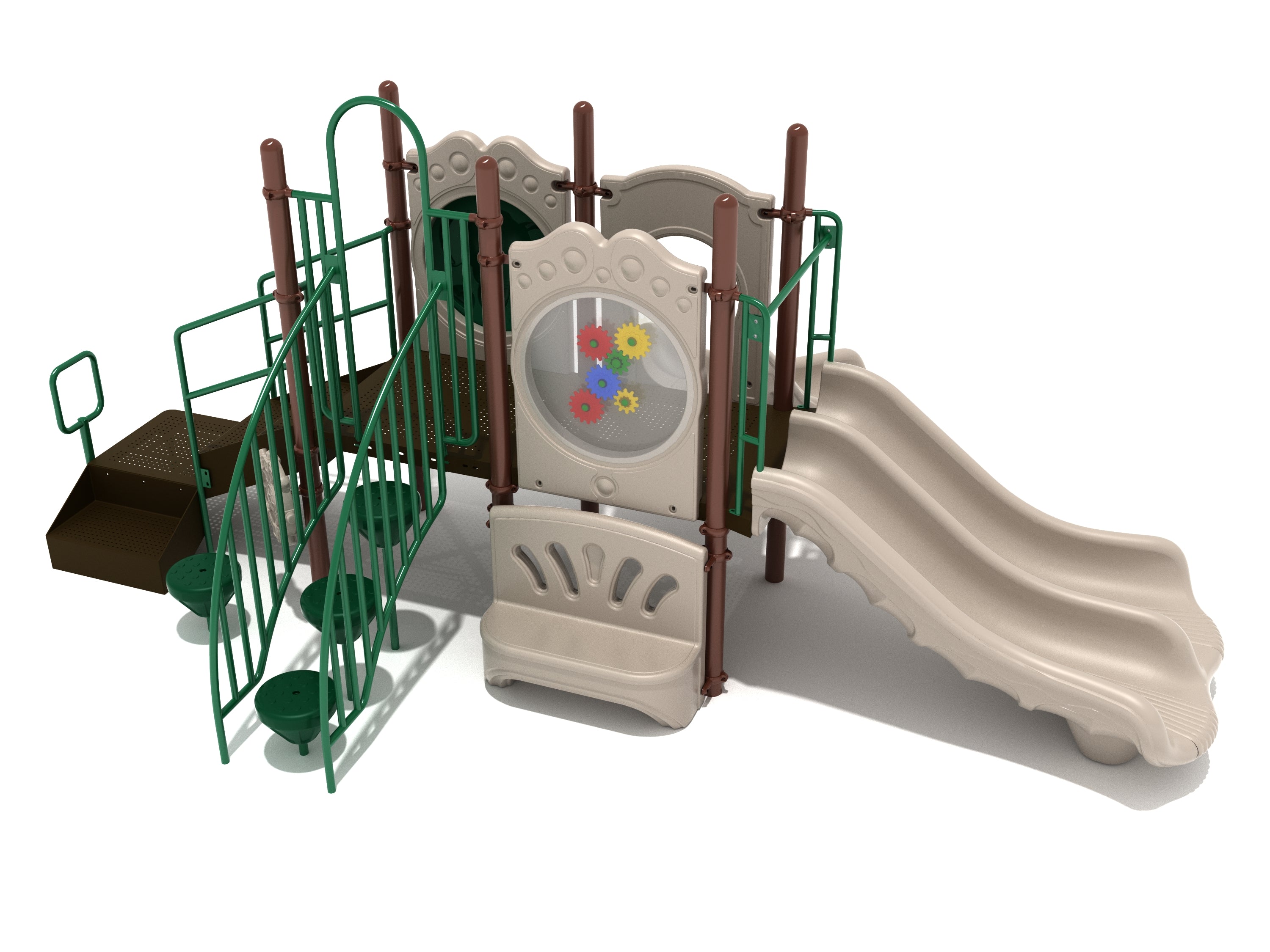 Mystic Playground large play system with dual beige slides, green climbing steps, gear panel, and brown support posts