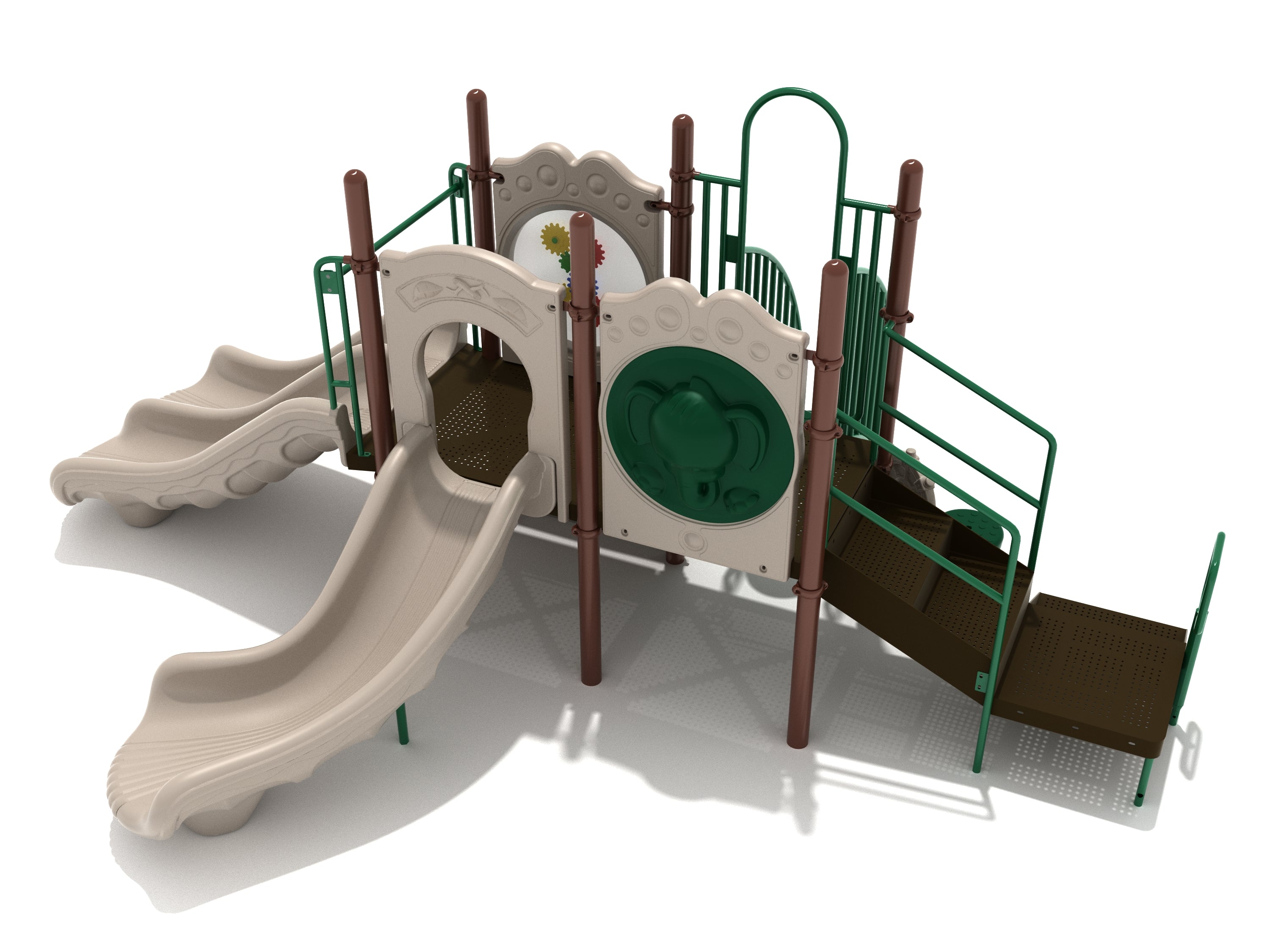 Playground structure with dual slides, climbing ramp, gear panel, ship’s wheel, and animal-themed play panels in neutral and green tones