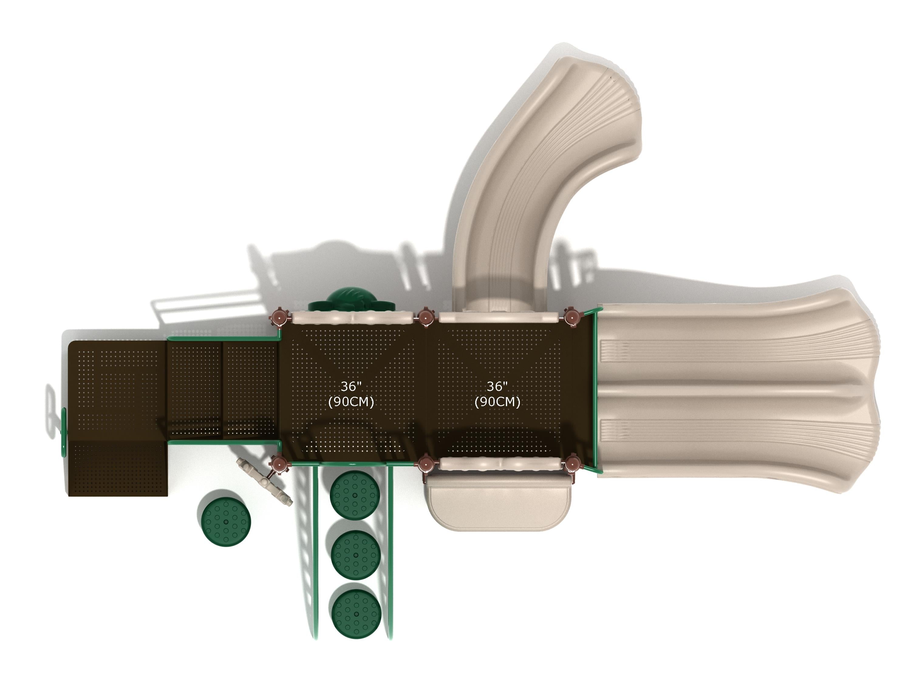 Overhead view of a children's playground structure with two beige slides, climbing elements, gear panel, and green play panels