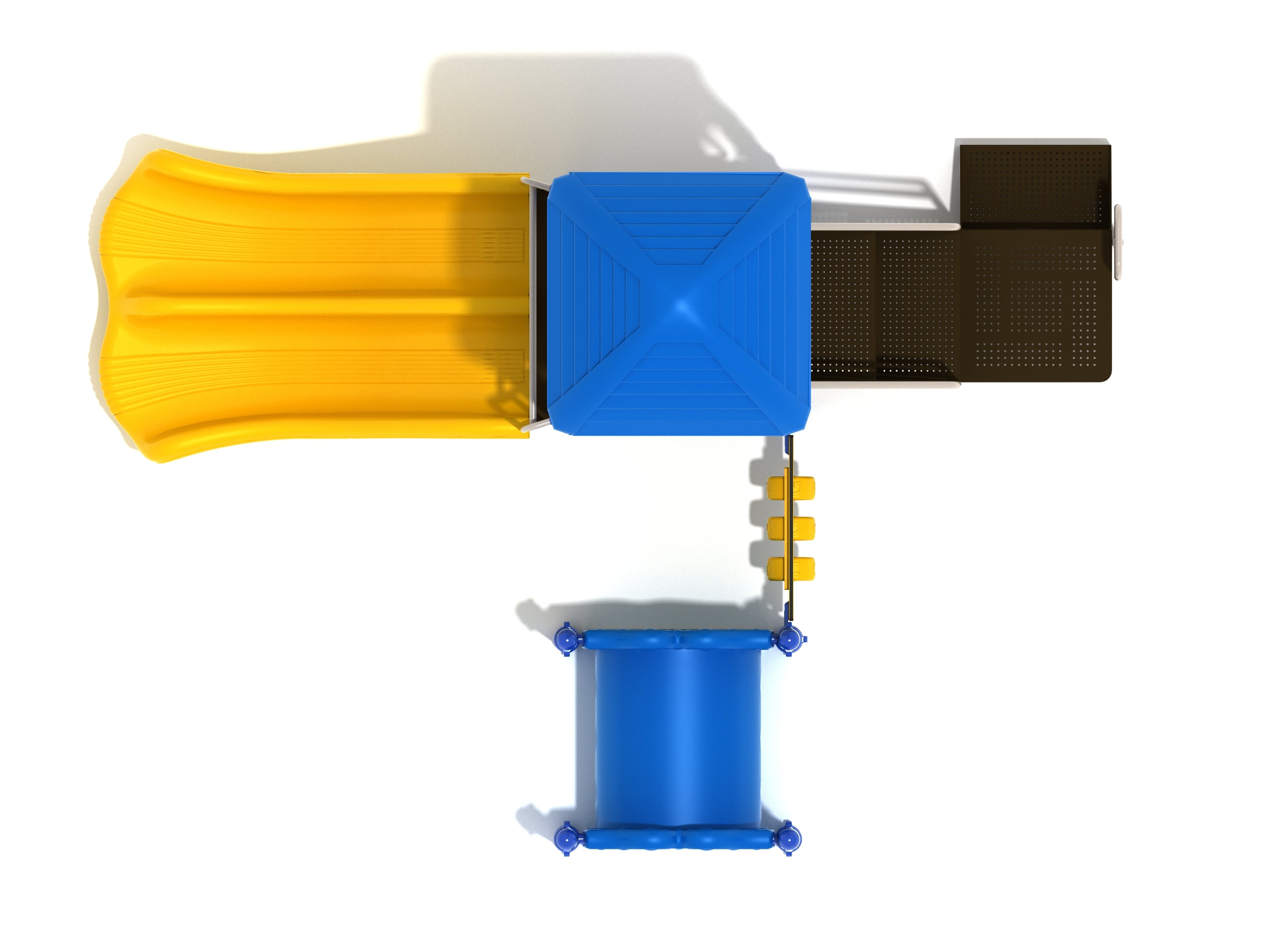 Overhead view of commercial playground with blue roof, yellow double slide, tube bridge, tic-tac-toe panel, and ship’s wheel play features