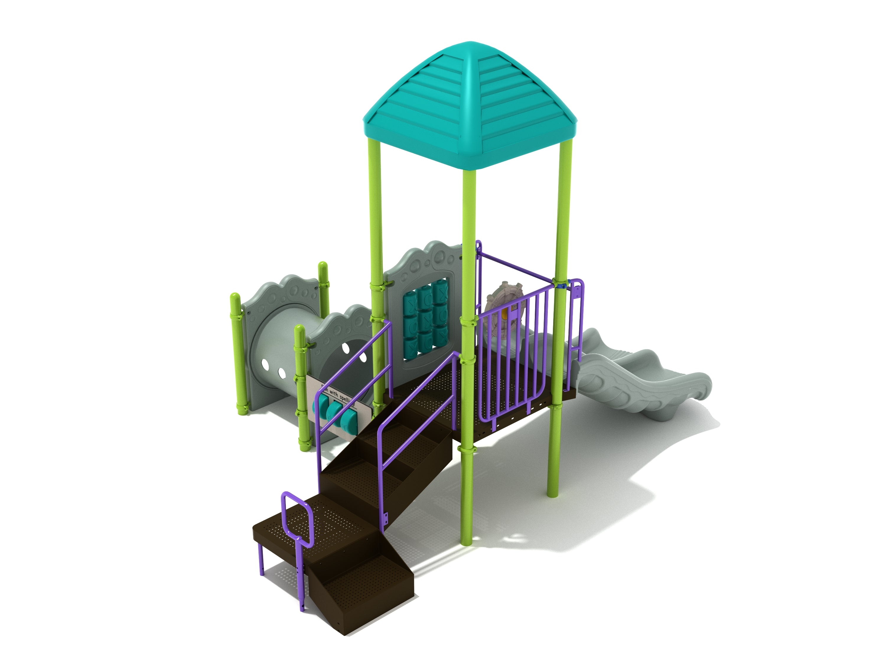 Elevated playground structure with teal roof, purple railings, double gray slide, tic-tac-toe and spelling panels, and tube bridge.