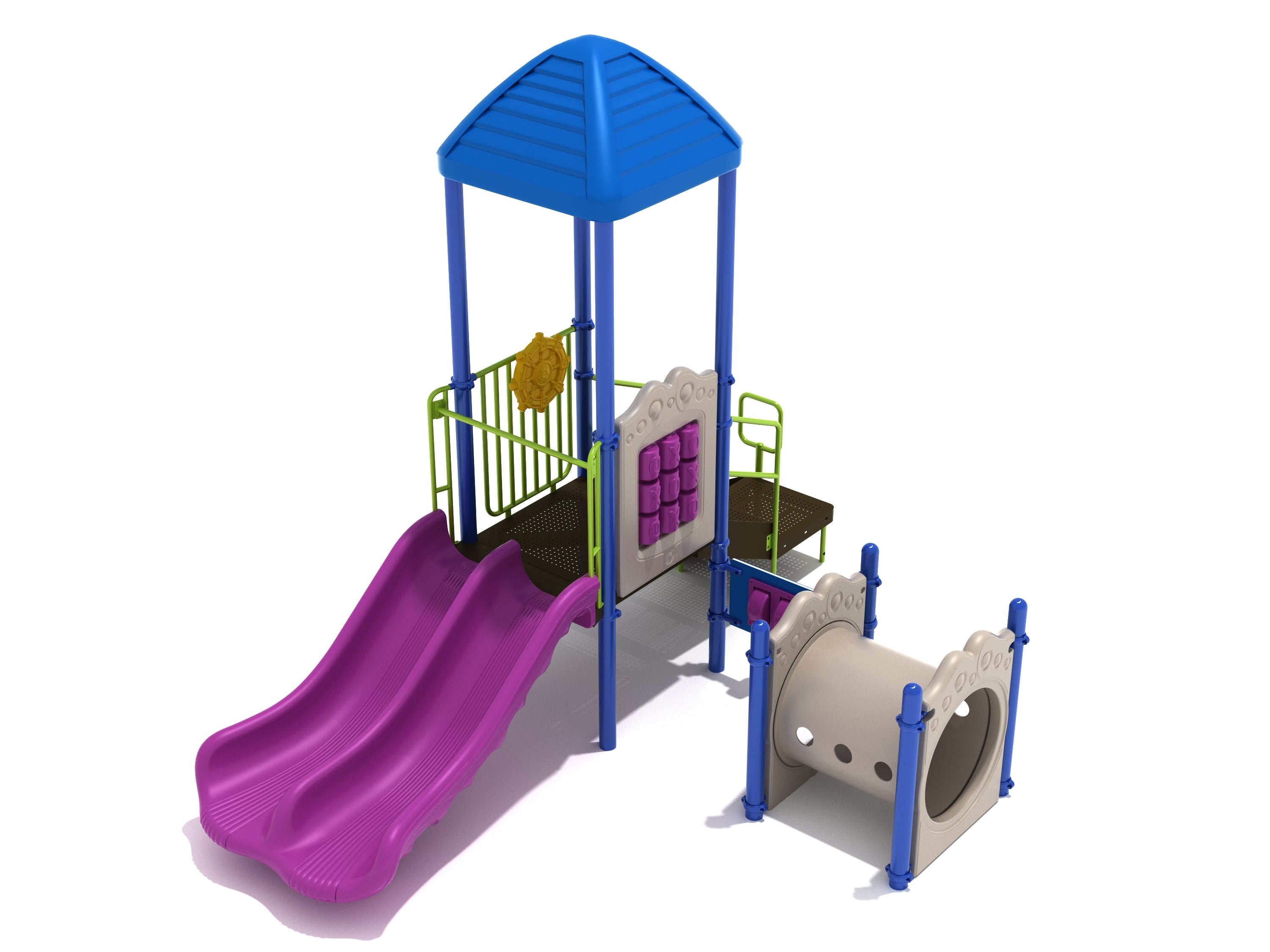 Compact commercial playground with blue roof, purple double slide, beige tube tunnel, tic-tac-toe panel, and yellow ship’s wheel