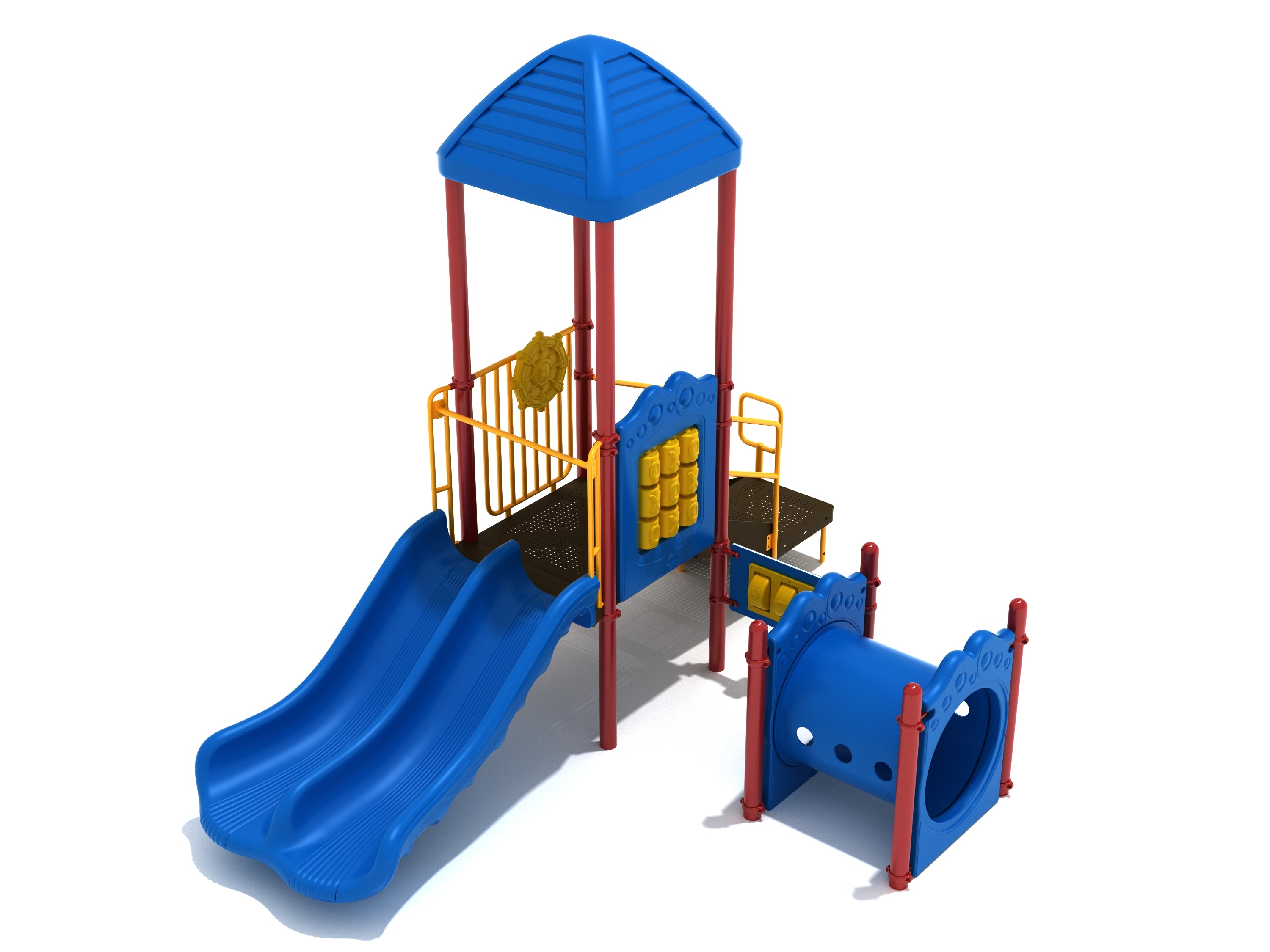 Compact commercial playground featuring a blue double slide, tube tunnel, tic-tac-toe panel, and ship’s wheel play elements