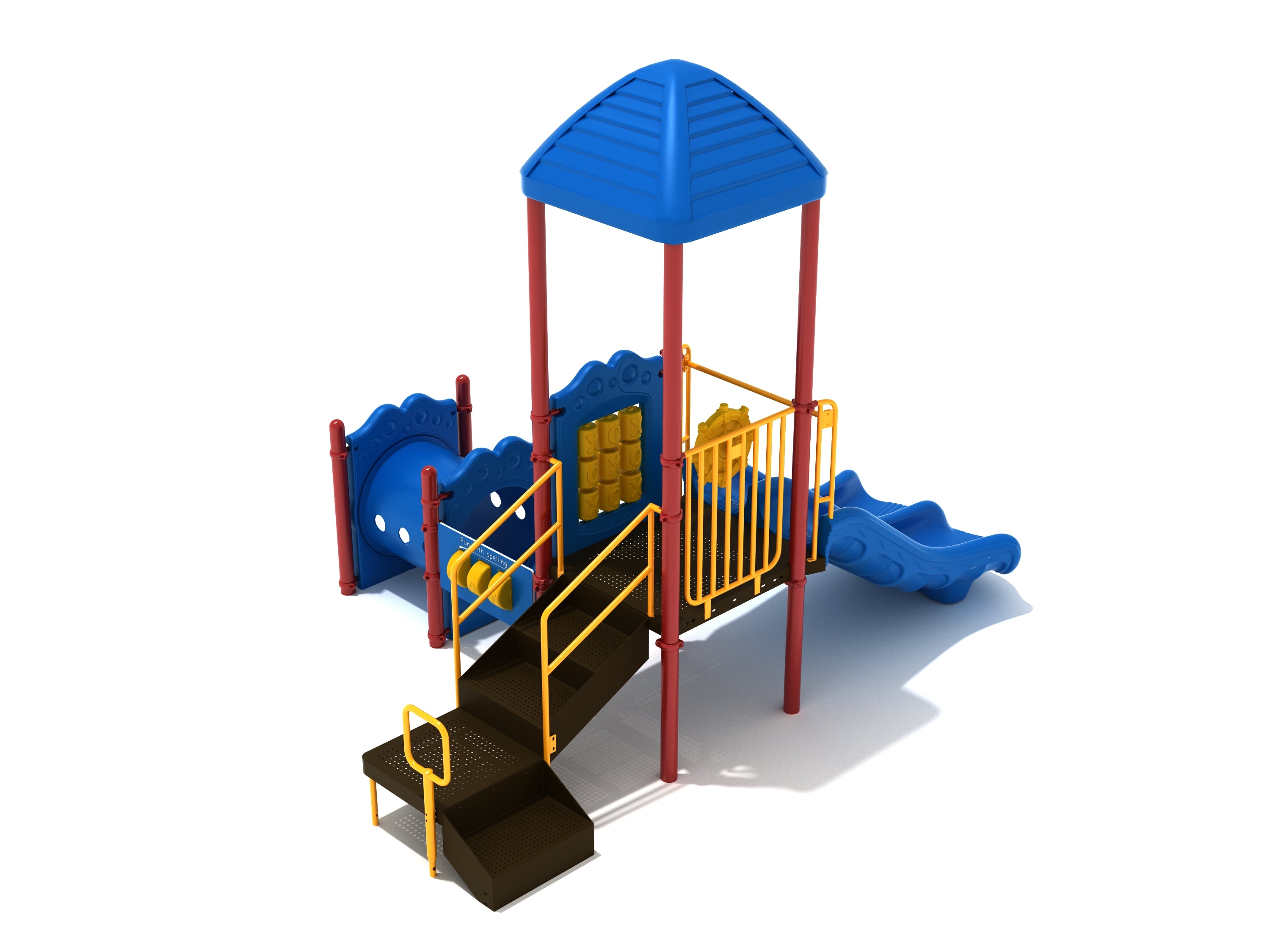 Compact commercial playground with blue roof, double slide, tube bridge, tic-tac-toe panel, and ship’s wheel for imaginative play
