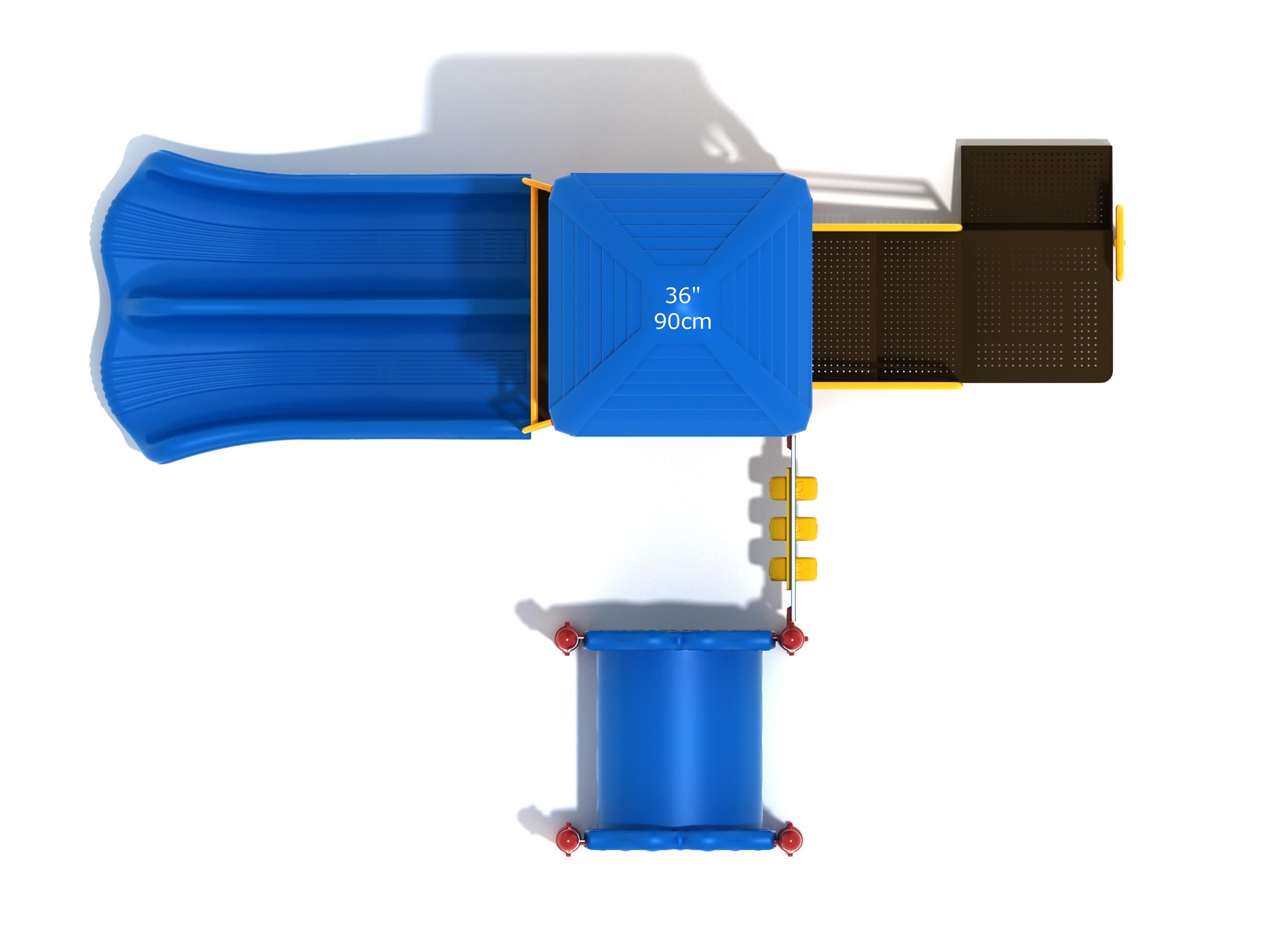 Overhead view of commercial playground with blue double slide, blue tube bridge, yellow railings, and black platforms