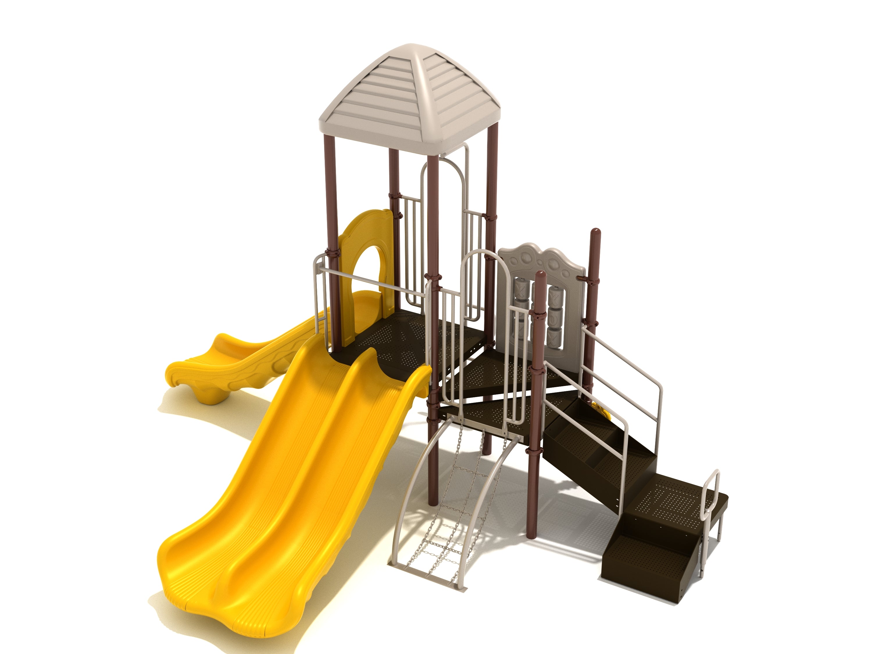 Gardiner Playground large play system with yellow double wave and straight slides, chain climber, snake climber, and tic tac toe panel