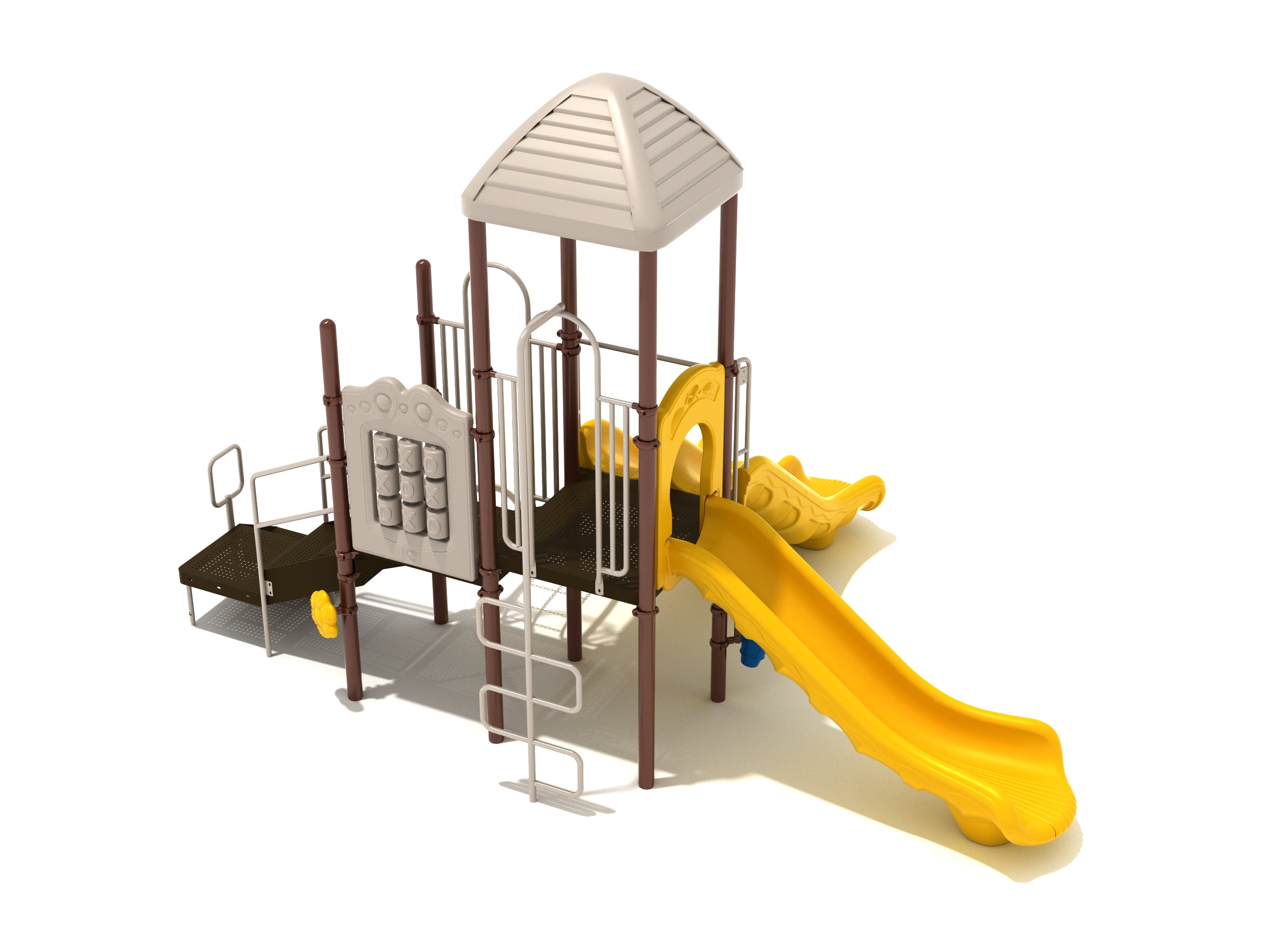 Playground structure with two yellow slides, tic tac toe panel, climbing ladder, and beige roof in angled view