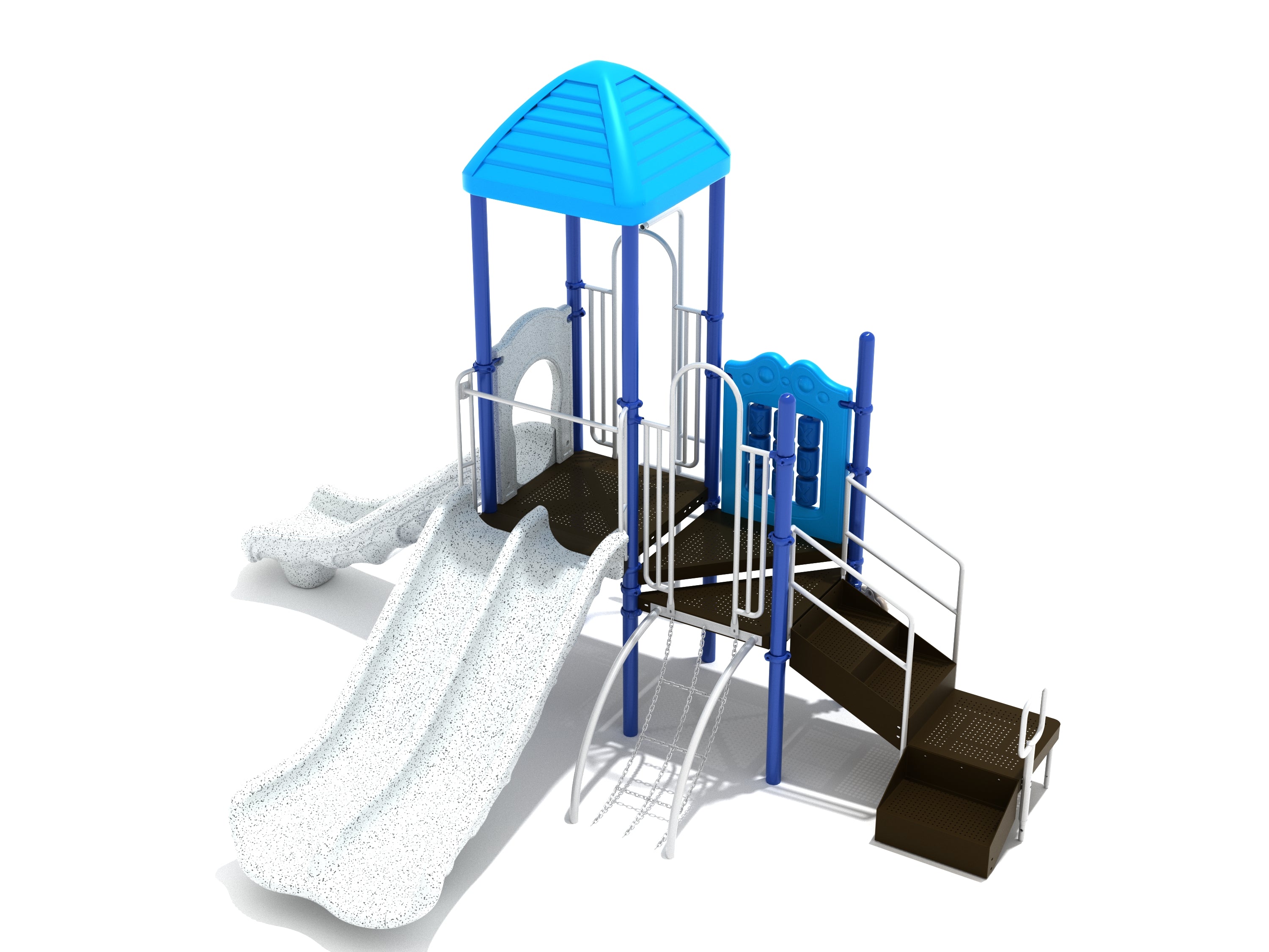 Compact playground structure with blue roof, double wave and straight slides, chain climber, snake climber, and tic tac toe panel