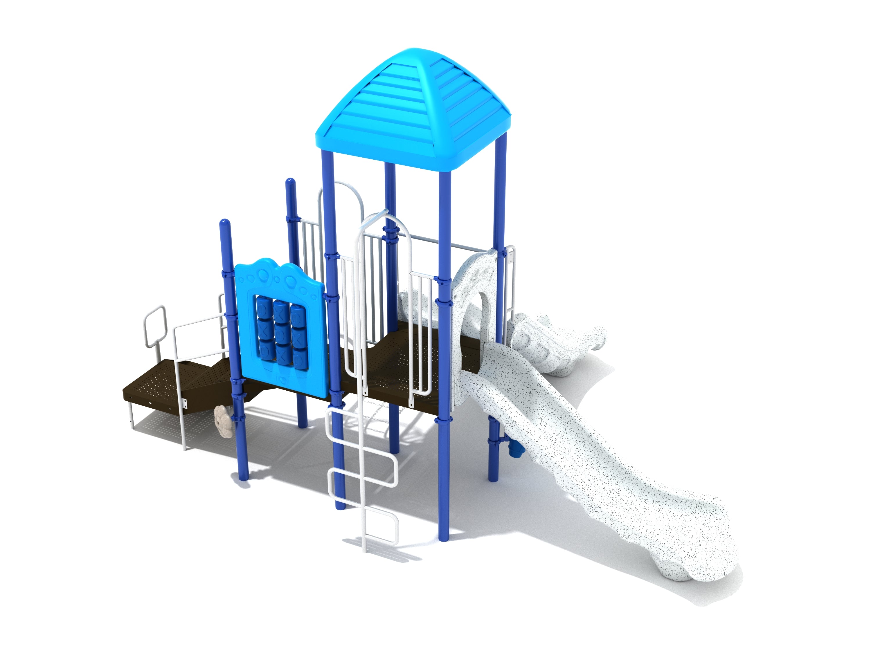 Compact blue and white playground structure with two slides, snake and chain climbers, tic tac toe panel, and roof canopy