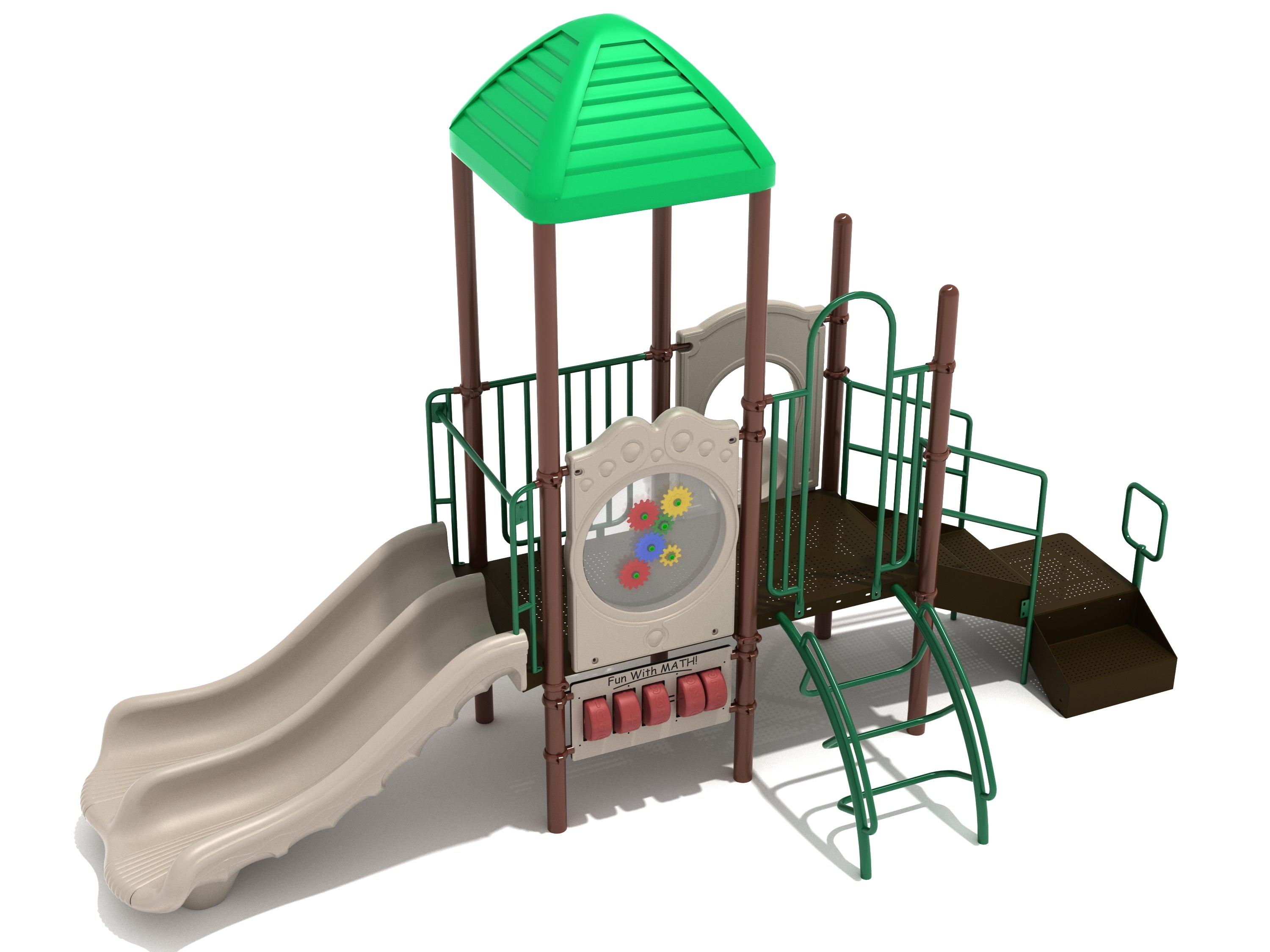 Playground structure with green roof, double beige slides, climbing ladder, and interactive math and activity panels