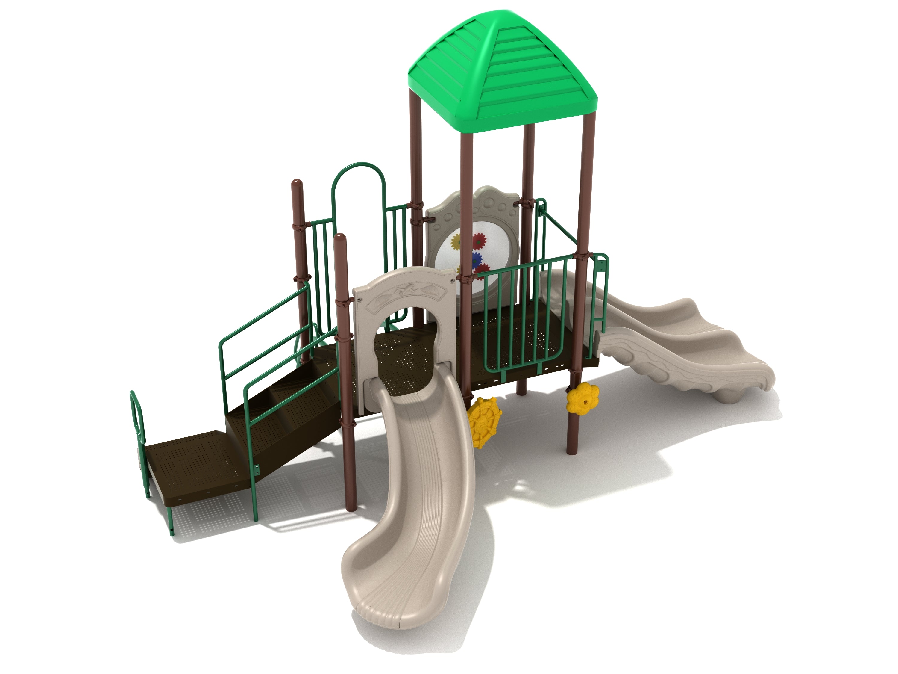 Elevated playground structure with green roof, beige double slide, climbing ladder, and interactive gear panels