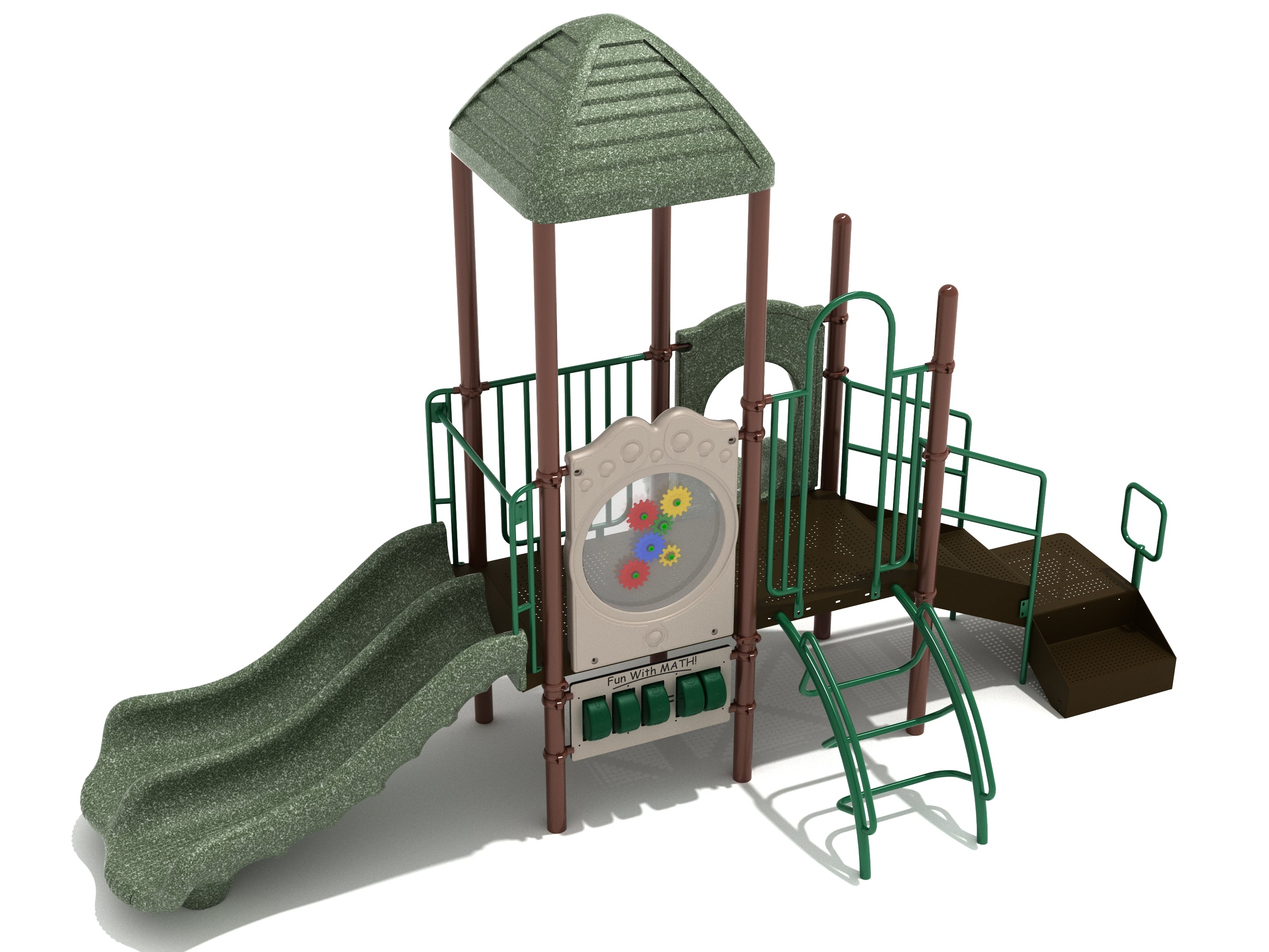 Elevated playground structure with double slide, climbing bars, stairs, and interactive math and activity panels