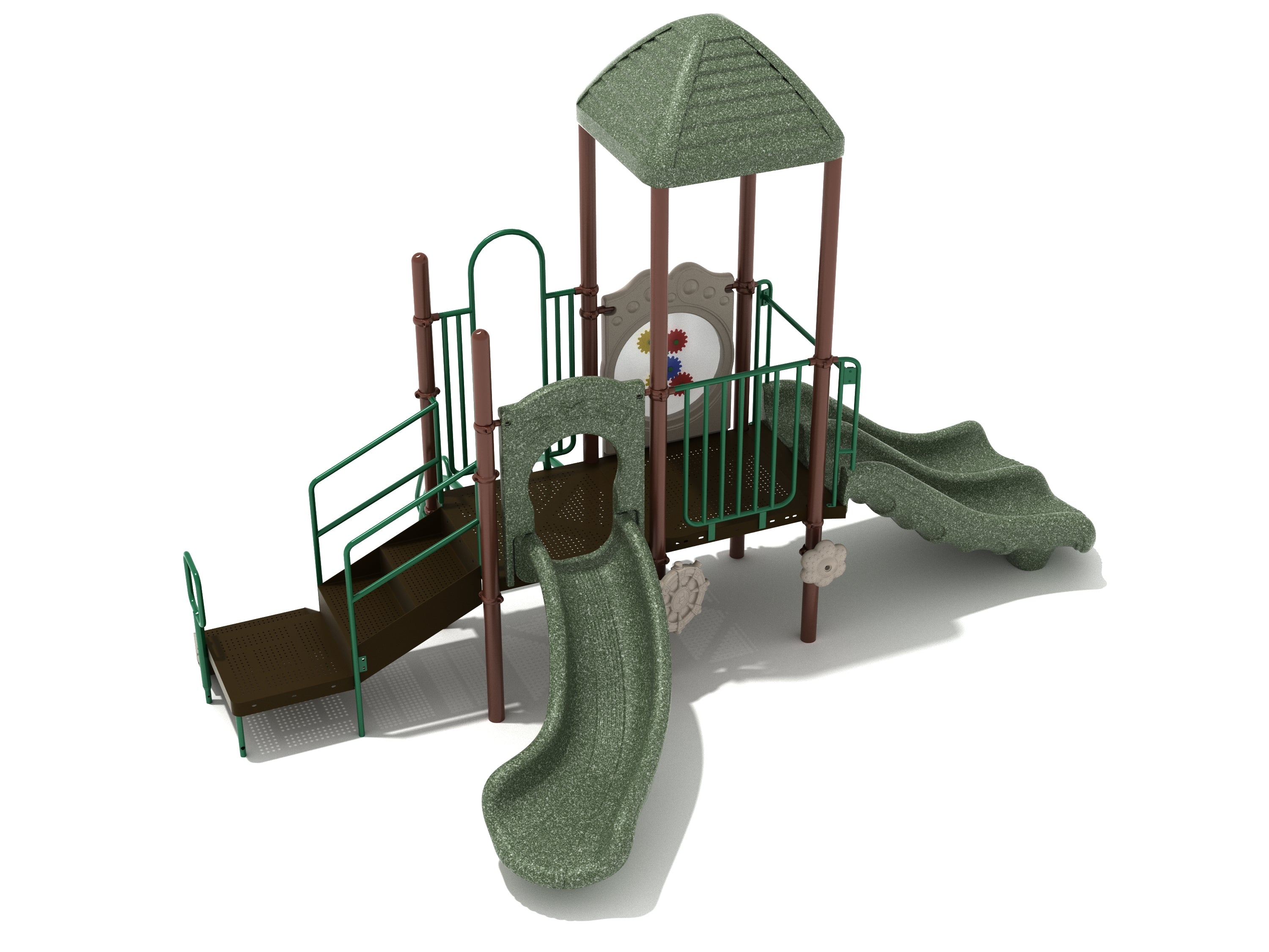 Elevated playground structure with green double slides, climbing ramp, activity panels, and peaked roof