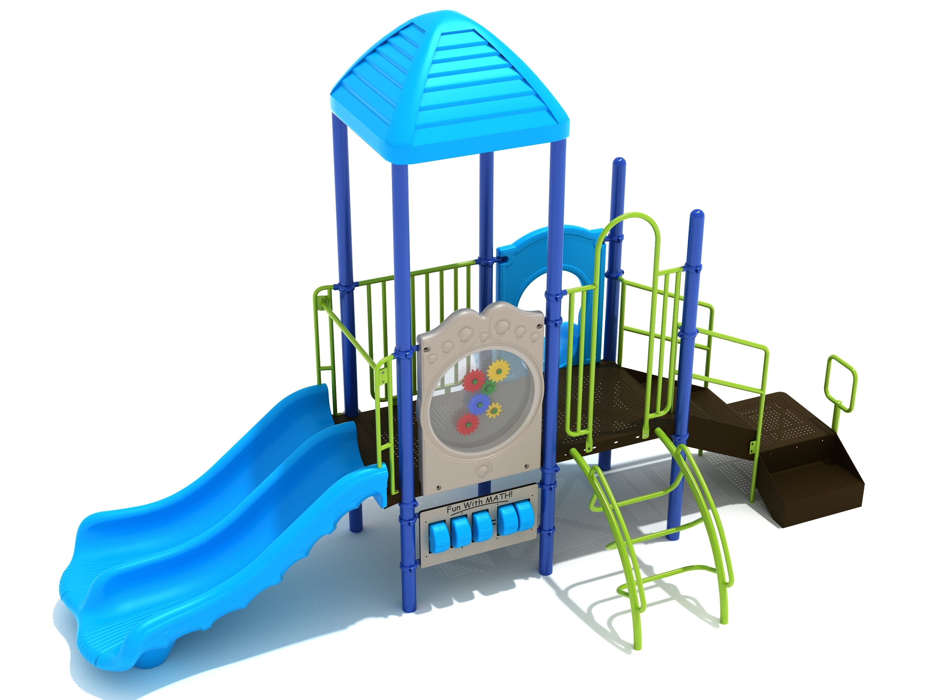 Colorful playground structure with double blue slides, climbing ladder, activity panel with gears, and shaded platform