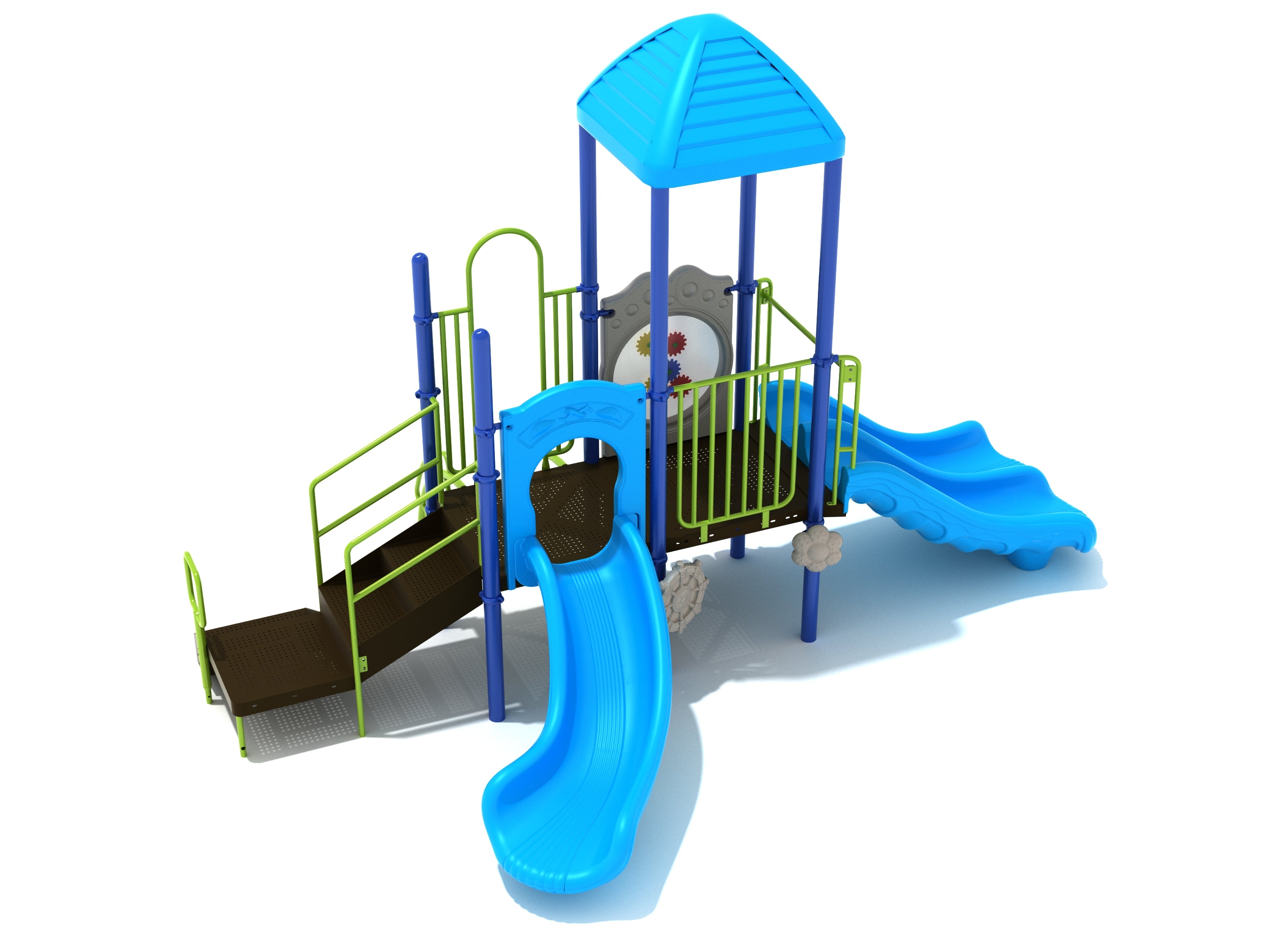 Colorful playground with blue double slides, green railings, roofed platform, interactive panels, and climbing features.