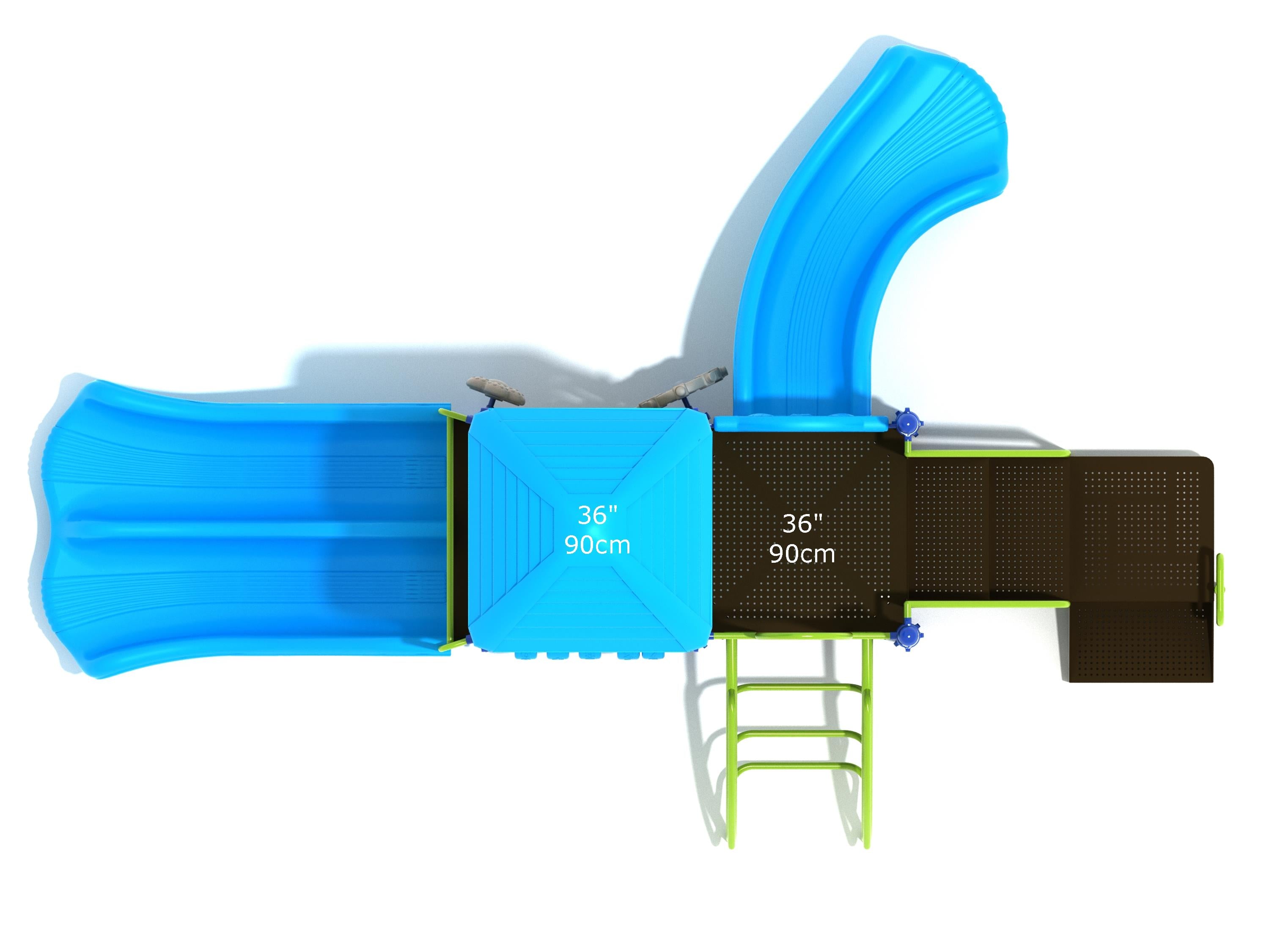 Overhead view of blue and green playground structure with double slides, climbing ladder, and interactive activity panels