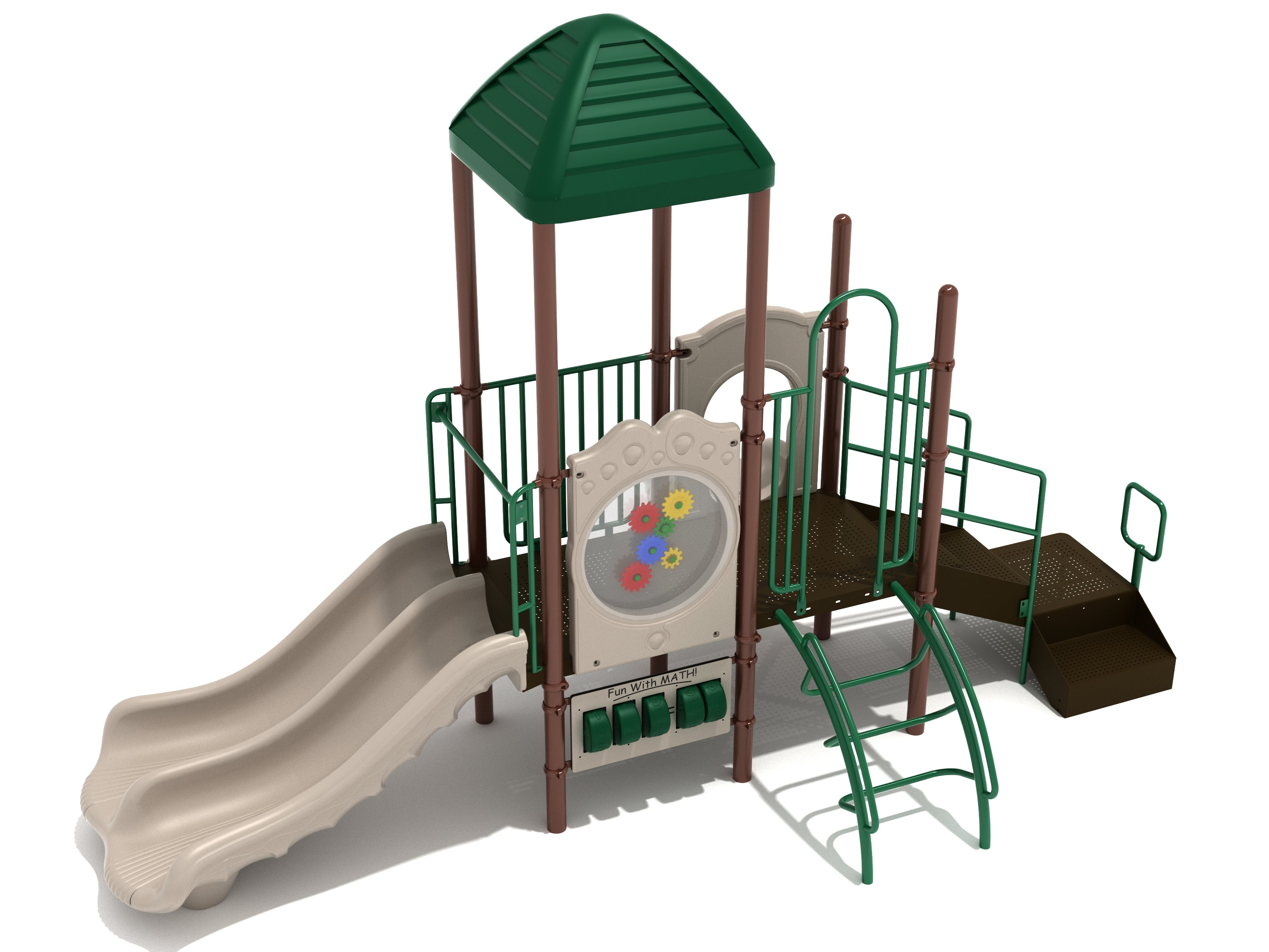 Durango Playground large play system with double slide, climbing ladder, math activity panel, and green roof