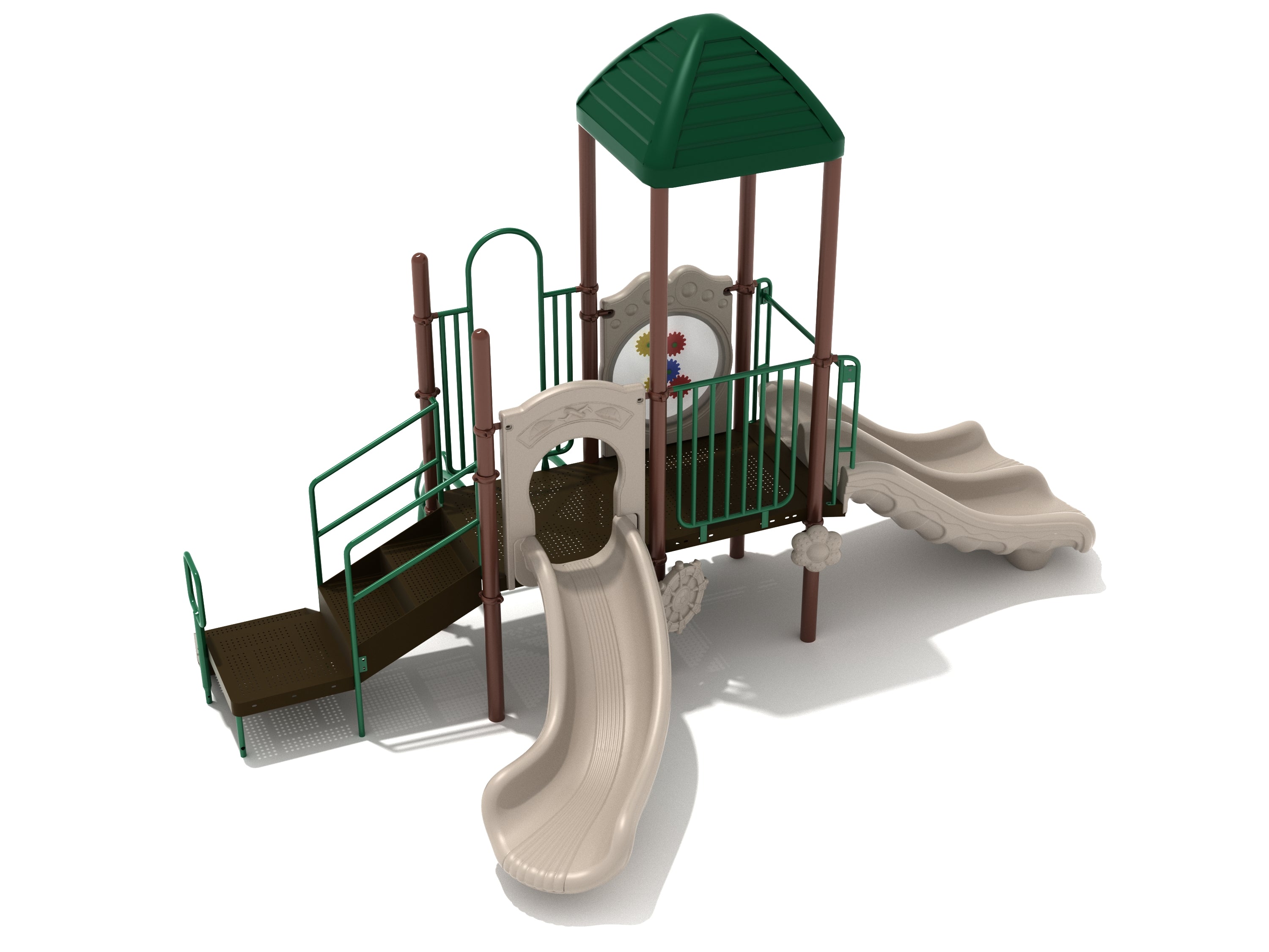 Compact playground structure with green roof, beige slides, climbing ramp, and interactive gear panels for active play