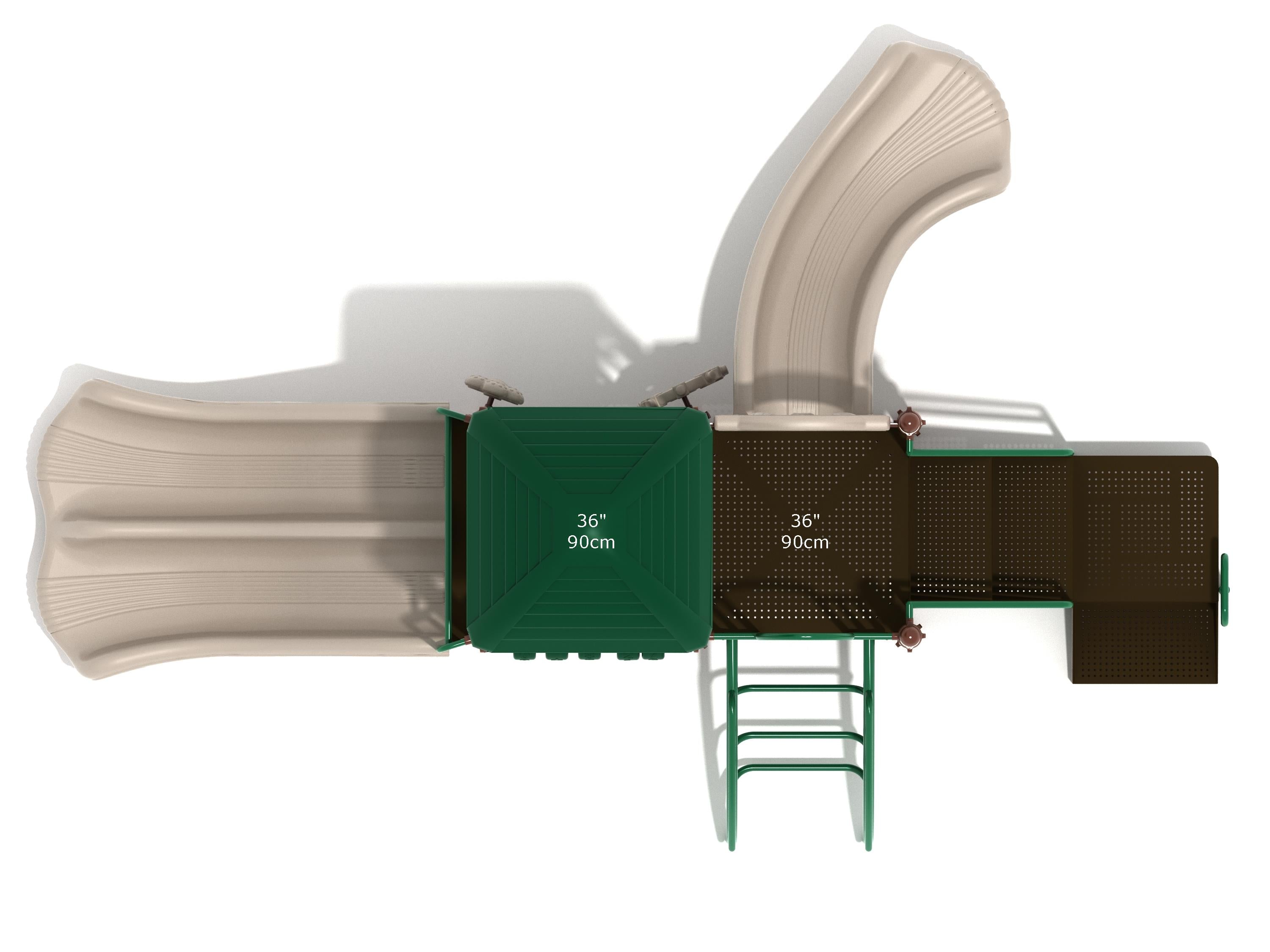Overhead view of green and beige playground structure with double slides, climbing ladder, and interactive activity panels