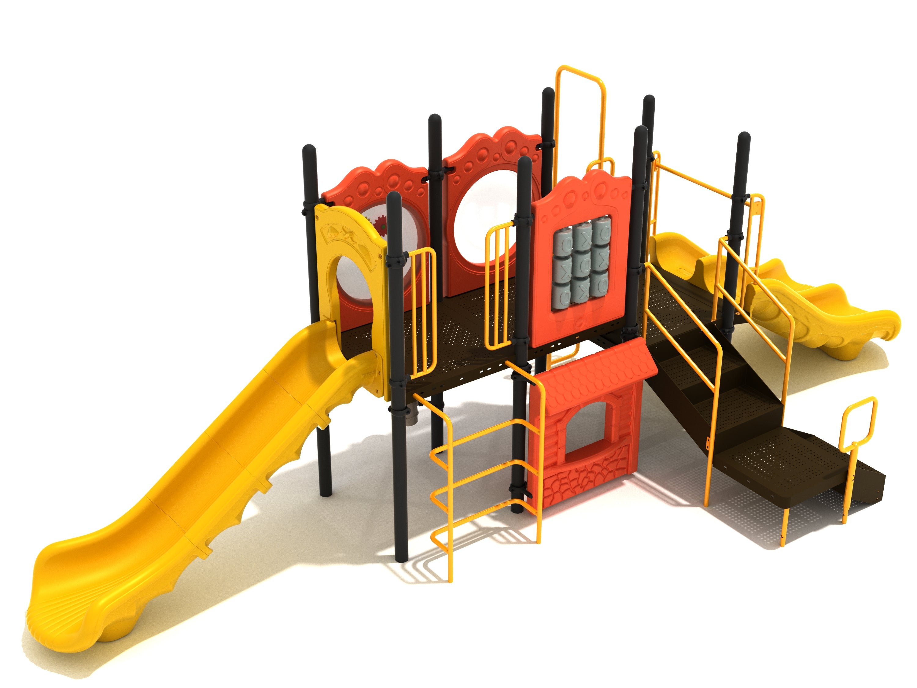 Colorful playground structure with two yellow slides, tic tac toe panel, ladder, and playhouse panel
