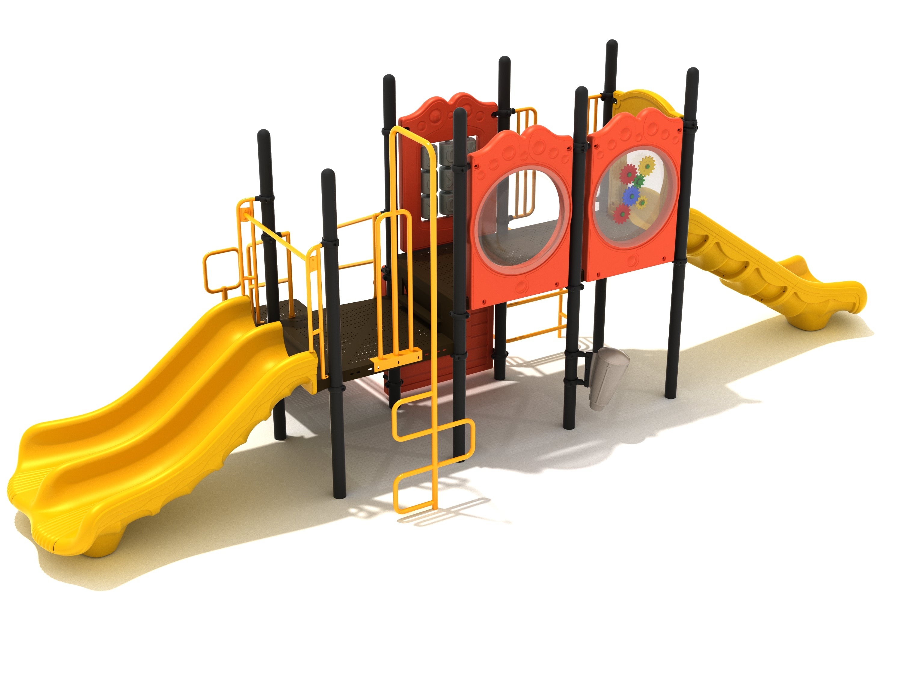 Playground structure with dual yellow slides, orange gear and tic tac toe panels, and black support posts