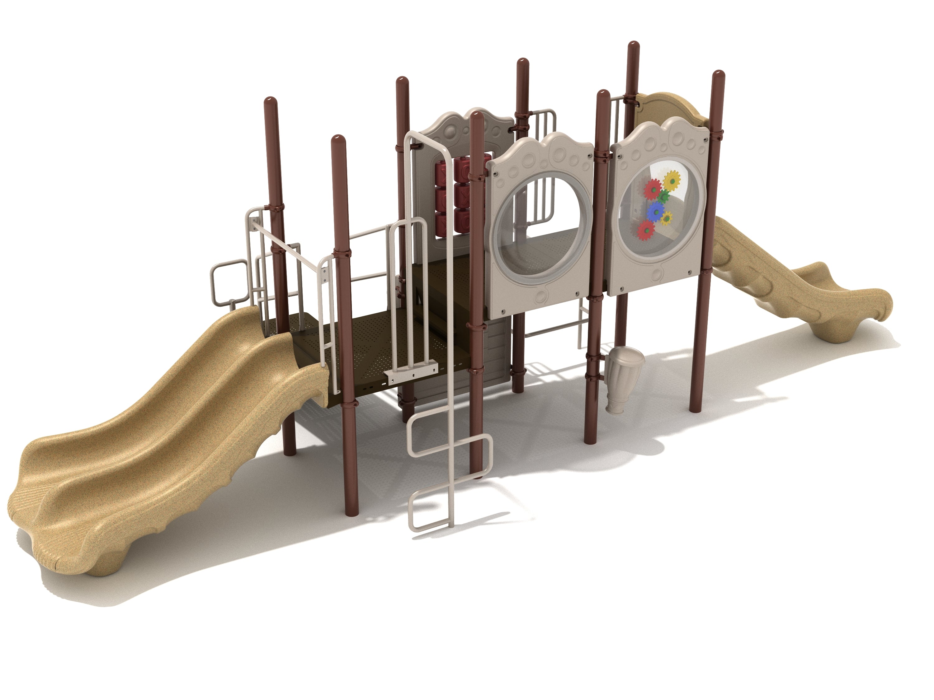 Playground structure with dual slides, climbing ladder, gear panel, tic tac toe game, and single drum in tan and brown colors