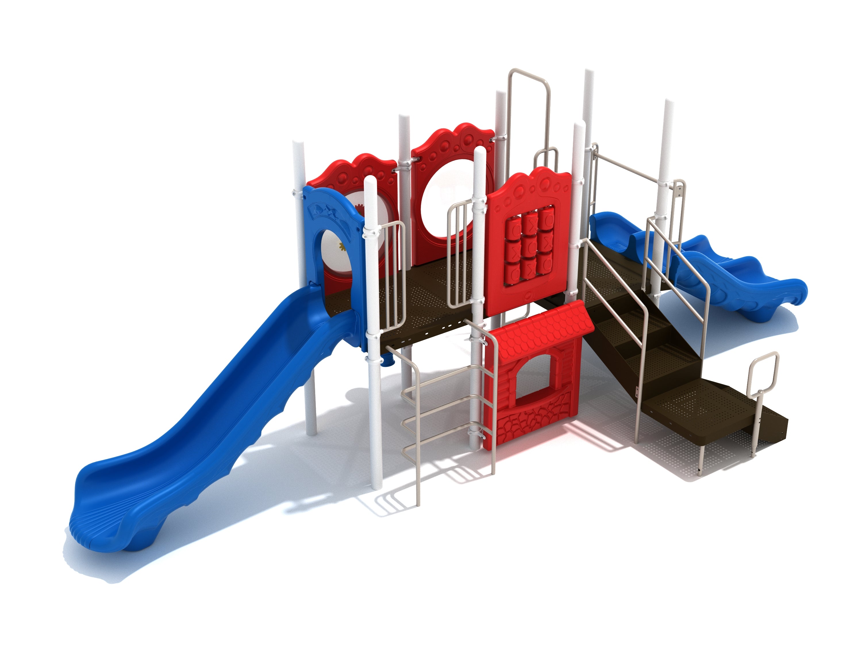 Colorful playground structure with blue slides, red activity panels, climbing ladder, accessible ramp, and interactive play features