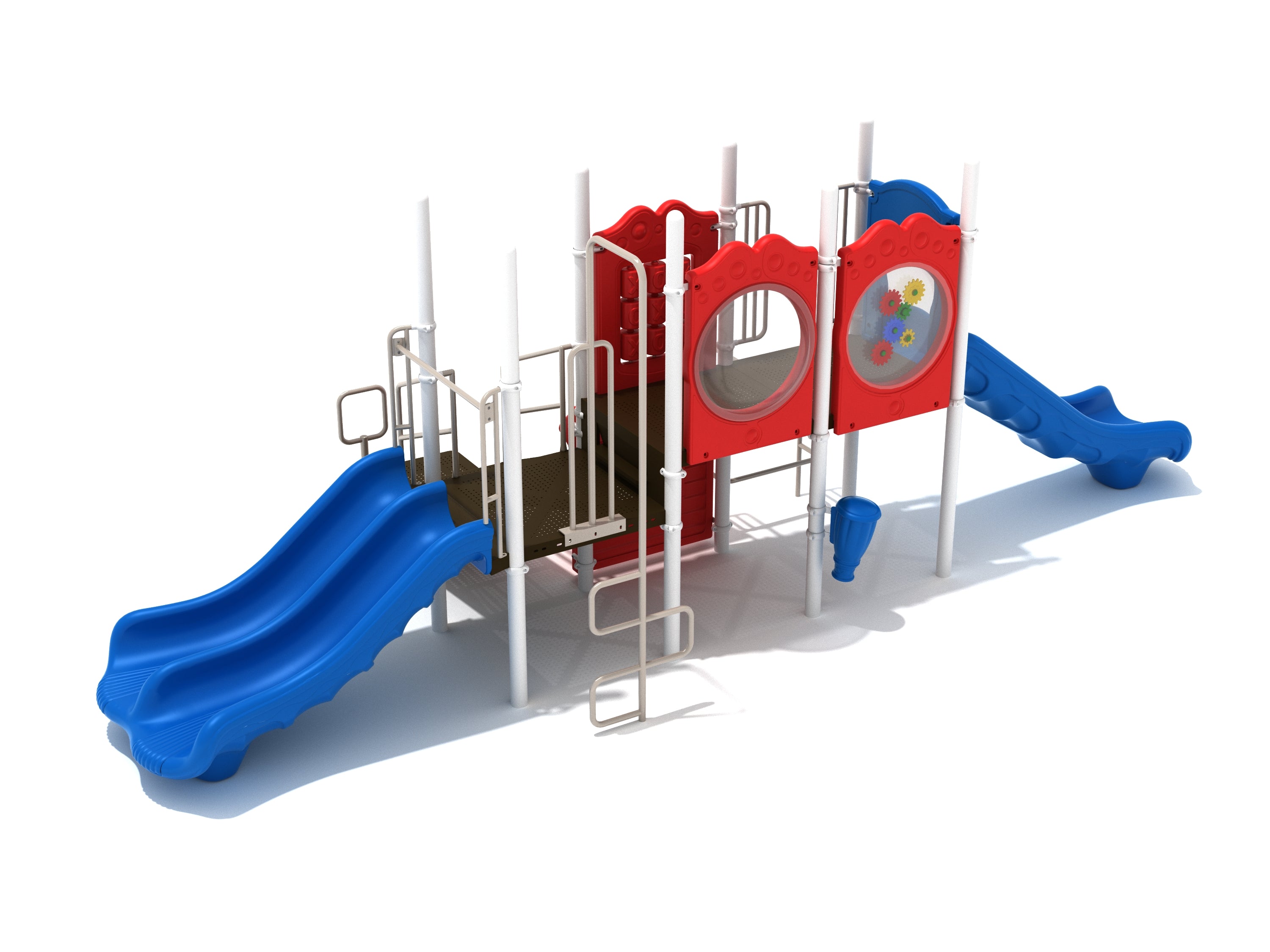 Playground structure with dual blue slides, red gear and tic tac toe panels, white support poles, and interactive play features.