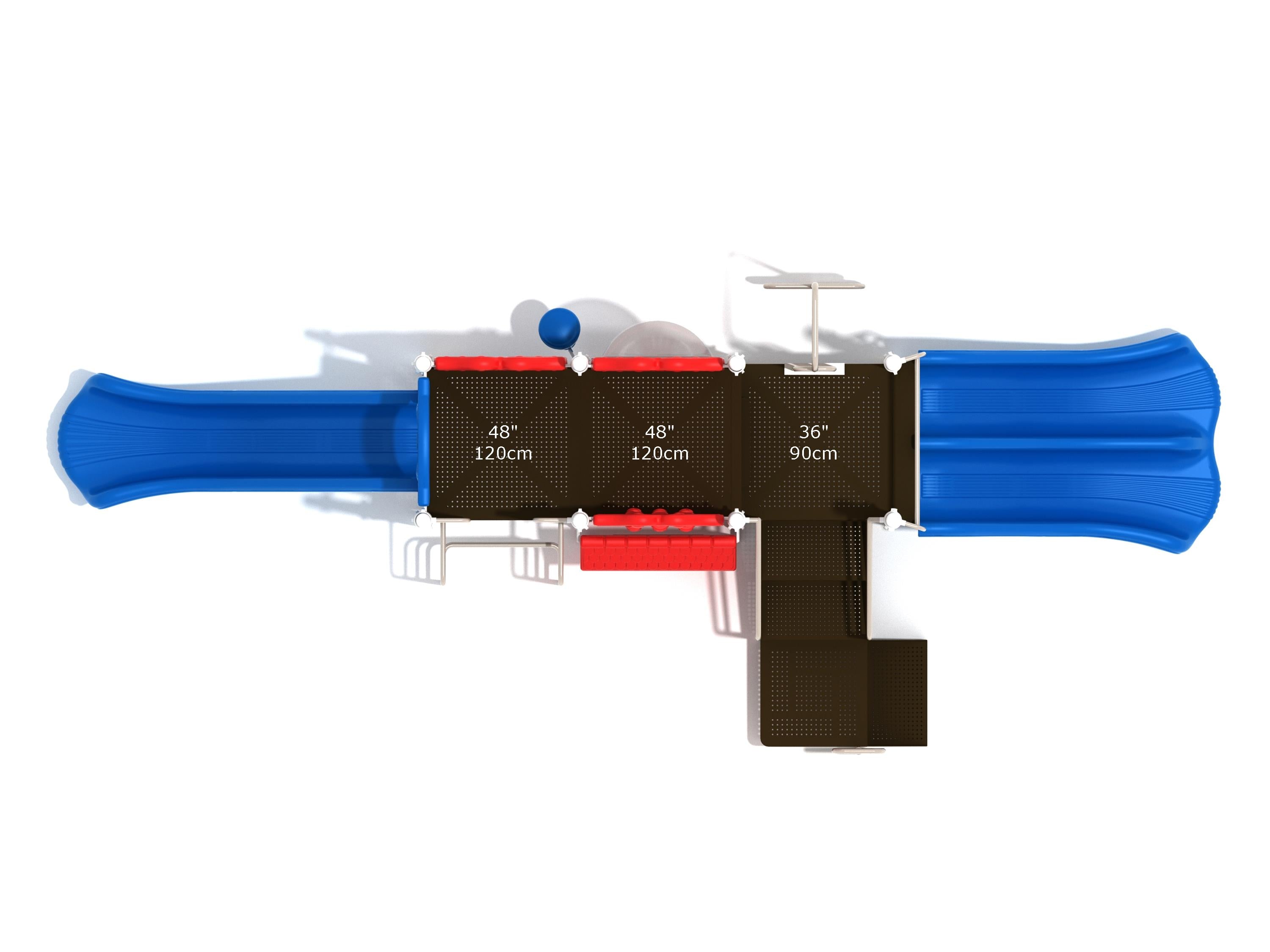 Overhead view of modular playground with two blue slides, red climbing elements, gear and tic tac toe panels, and interactive play features