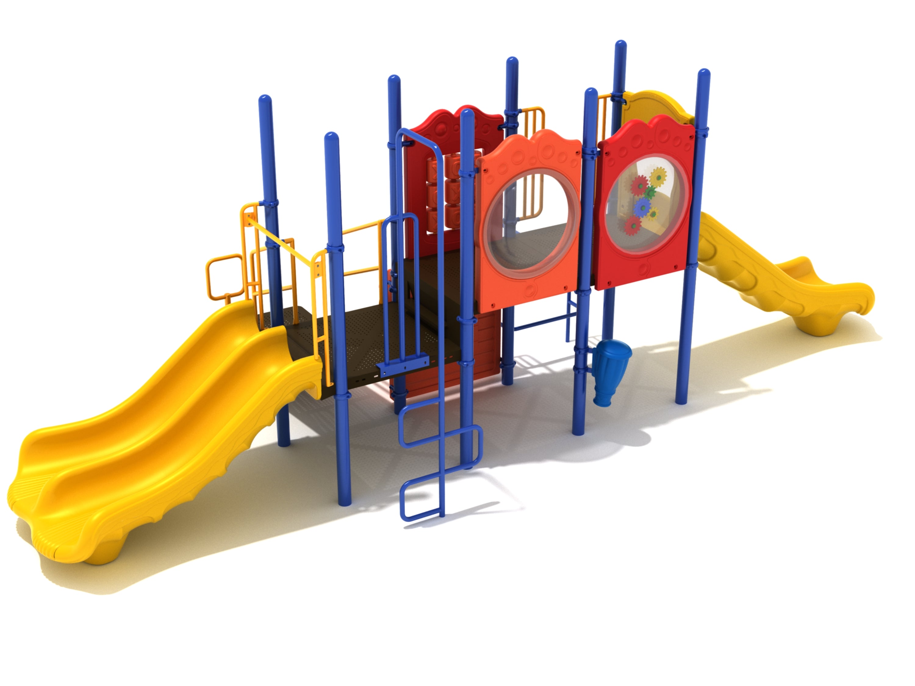 Colorful playground structure with dual yellow slides, blue vertical ladder, gear panel, and tic tac toe game panels