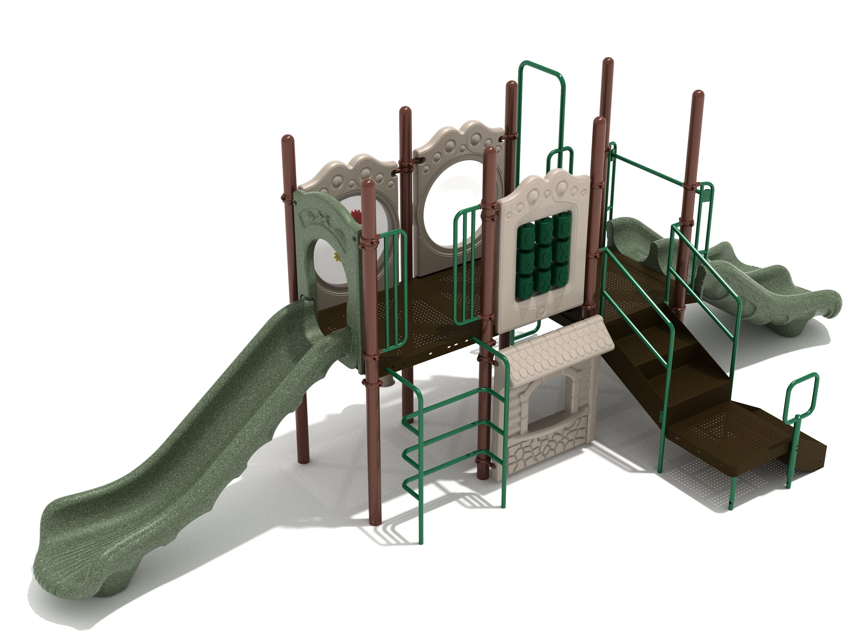 La Crosse Playground with green slides, vertical ladder, tic tac toe panel, and playhouse panel on brown platform